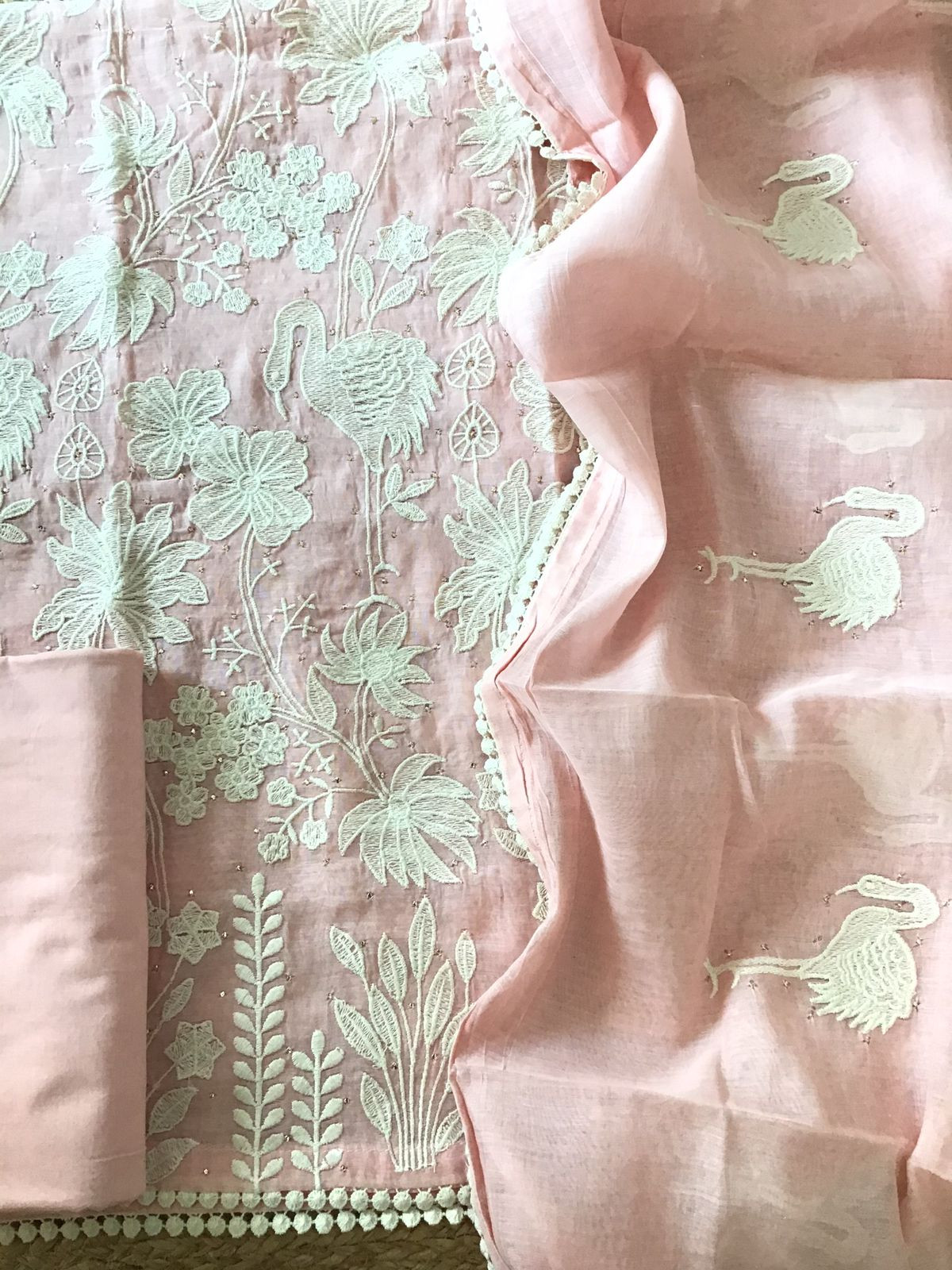 Pure Mul Chanderi Embroidered Suit - Baby Pink