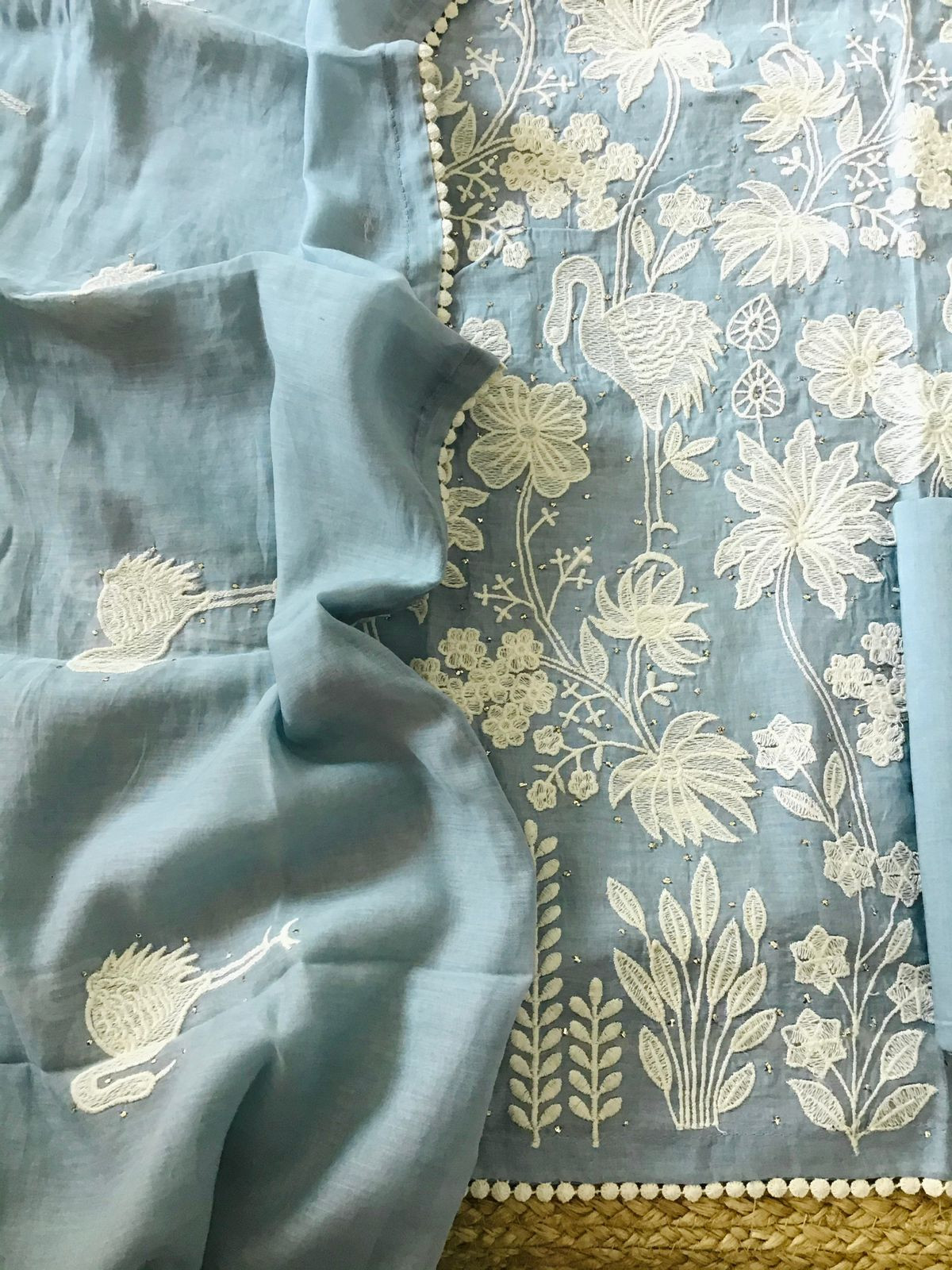 Pure Mul Chanderi Embroidered Suit - Blue