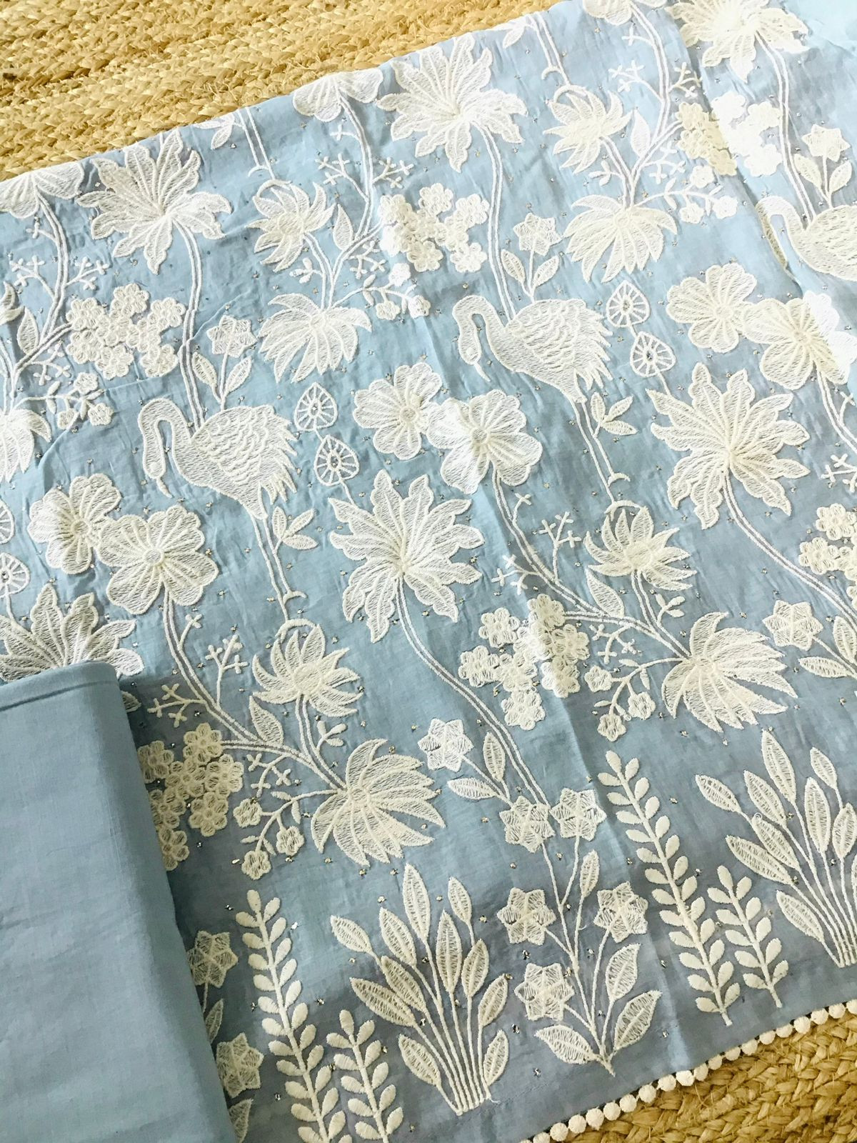 Pure Mul Chanderi Embroidered Suit - Blue