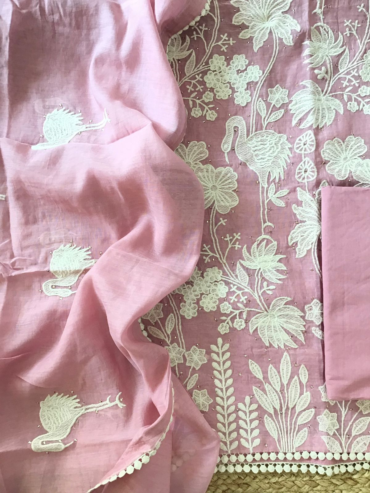 Pure Mul Chanderi Embroidered Suit - Pink