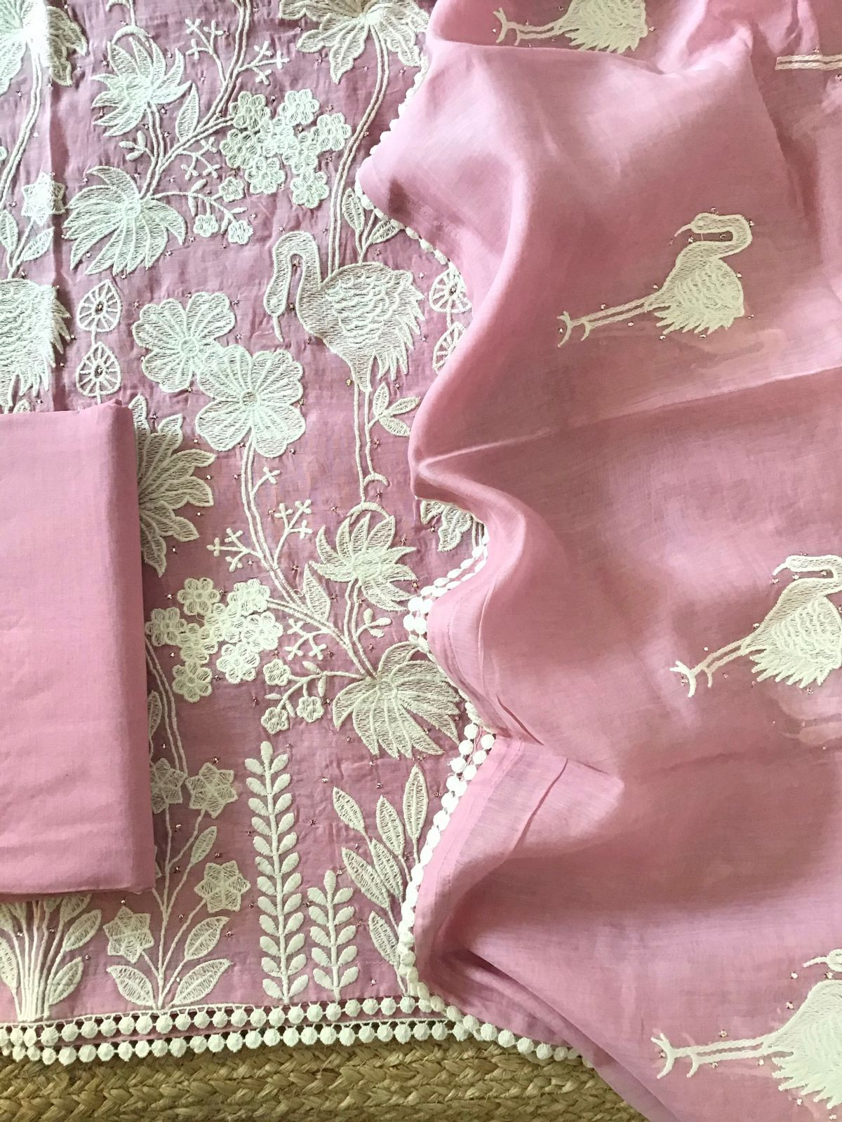 Pure Mul Chanderi Embroidered Suit - Pink
