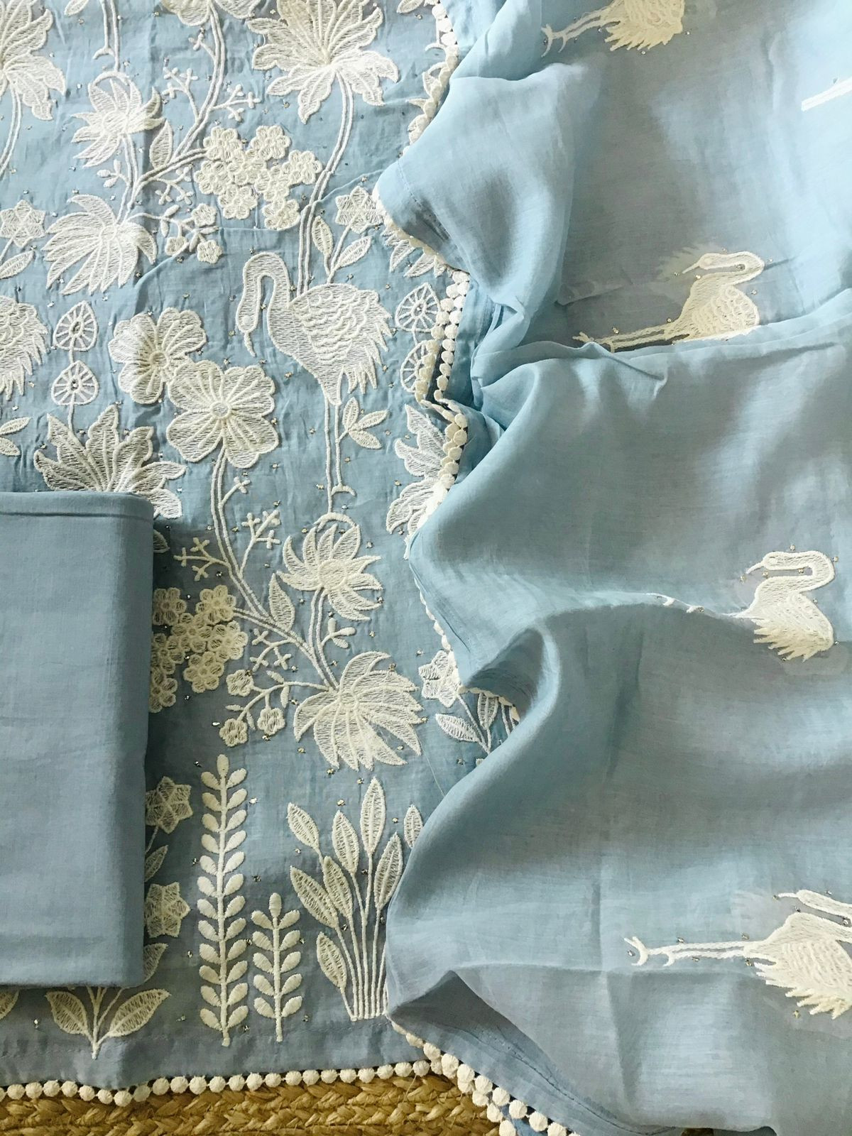 Pure Mul Chanderi Embroidered Suit - Blue