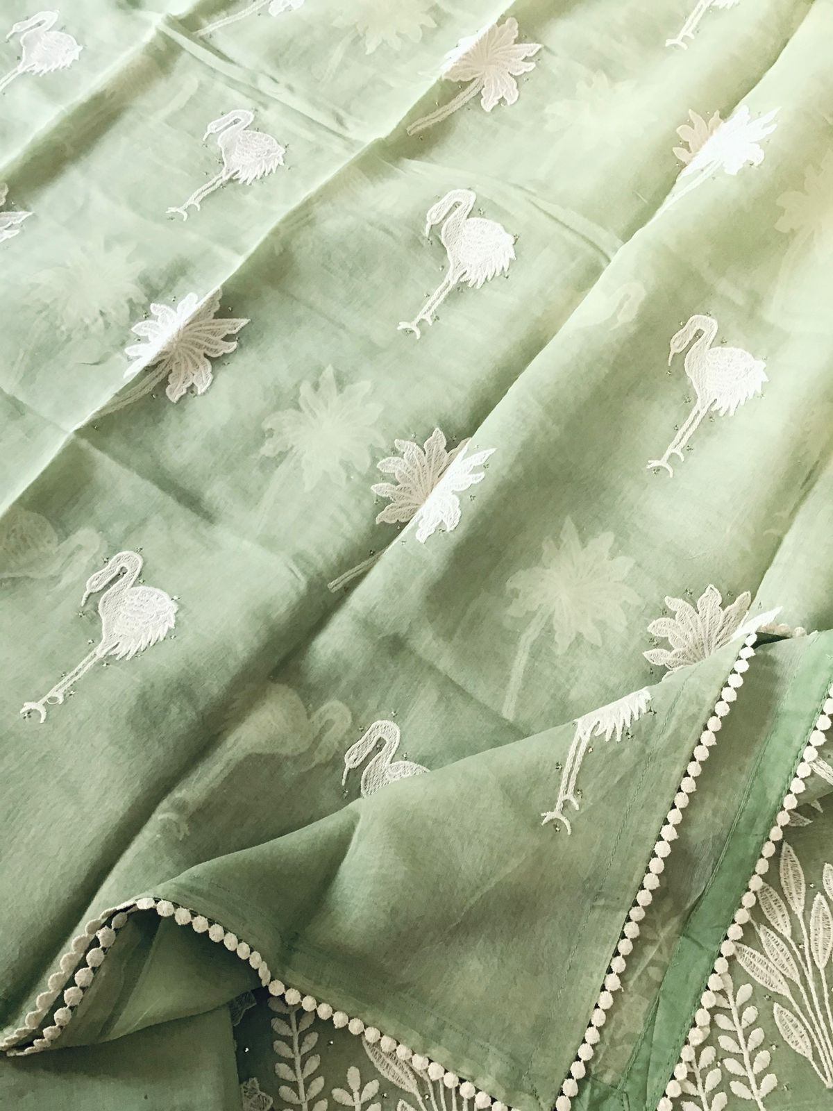 Pure Mul Chanderi Embroidered Suit - Green