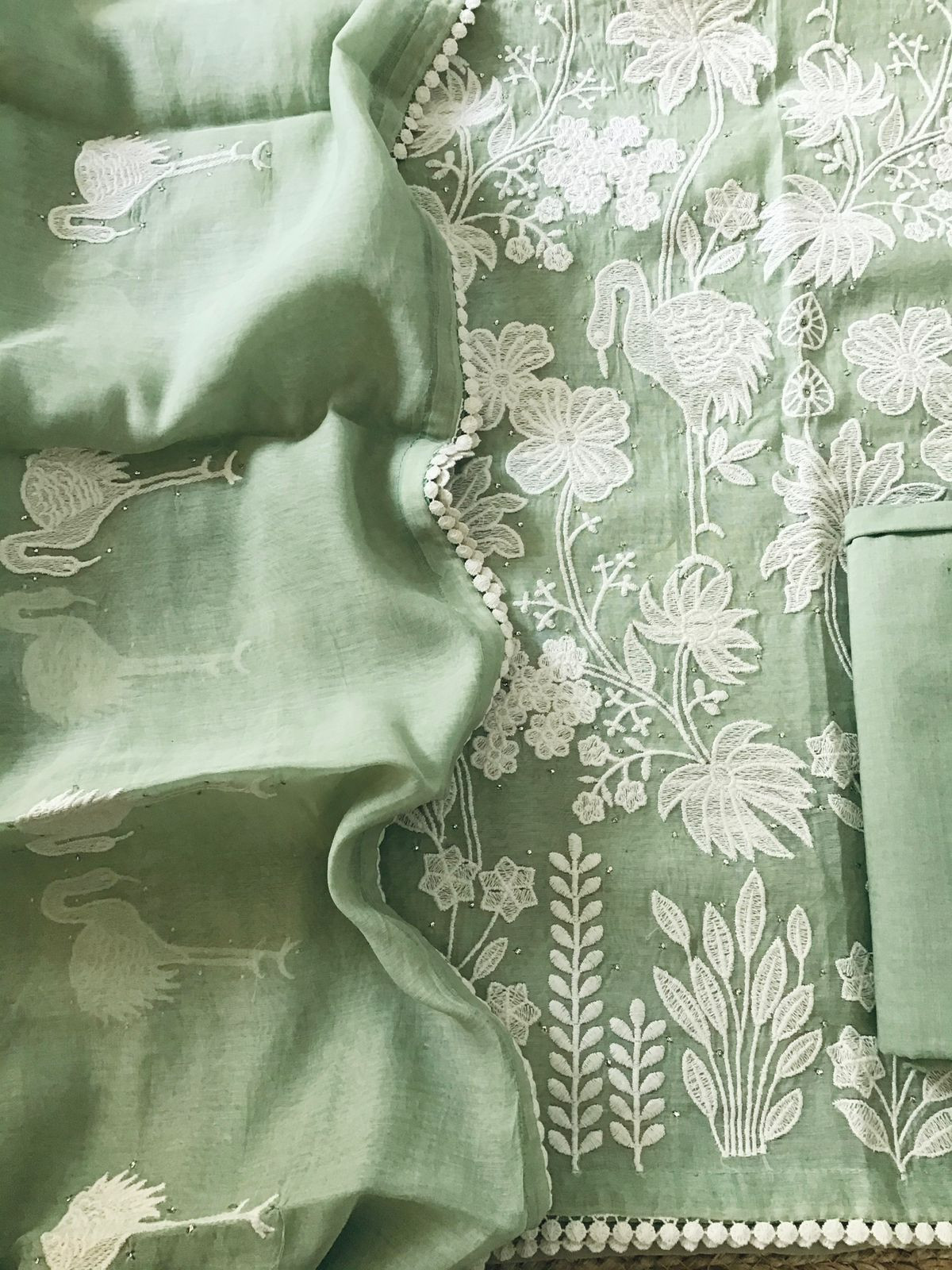 Pure Mul Chanderi Embroidered Suit - Green