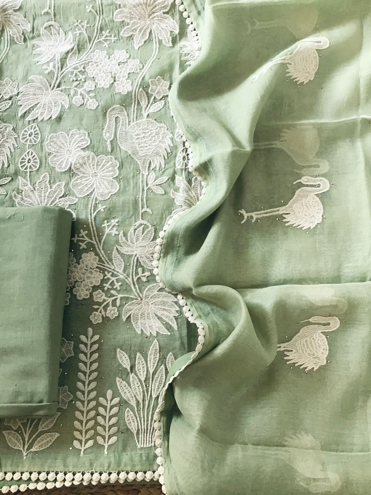 Pure Mul Chanderi Embroidered Suit - Green