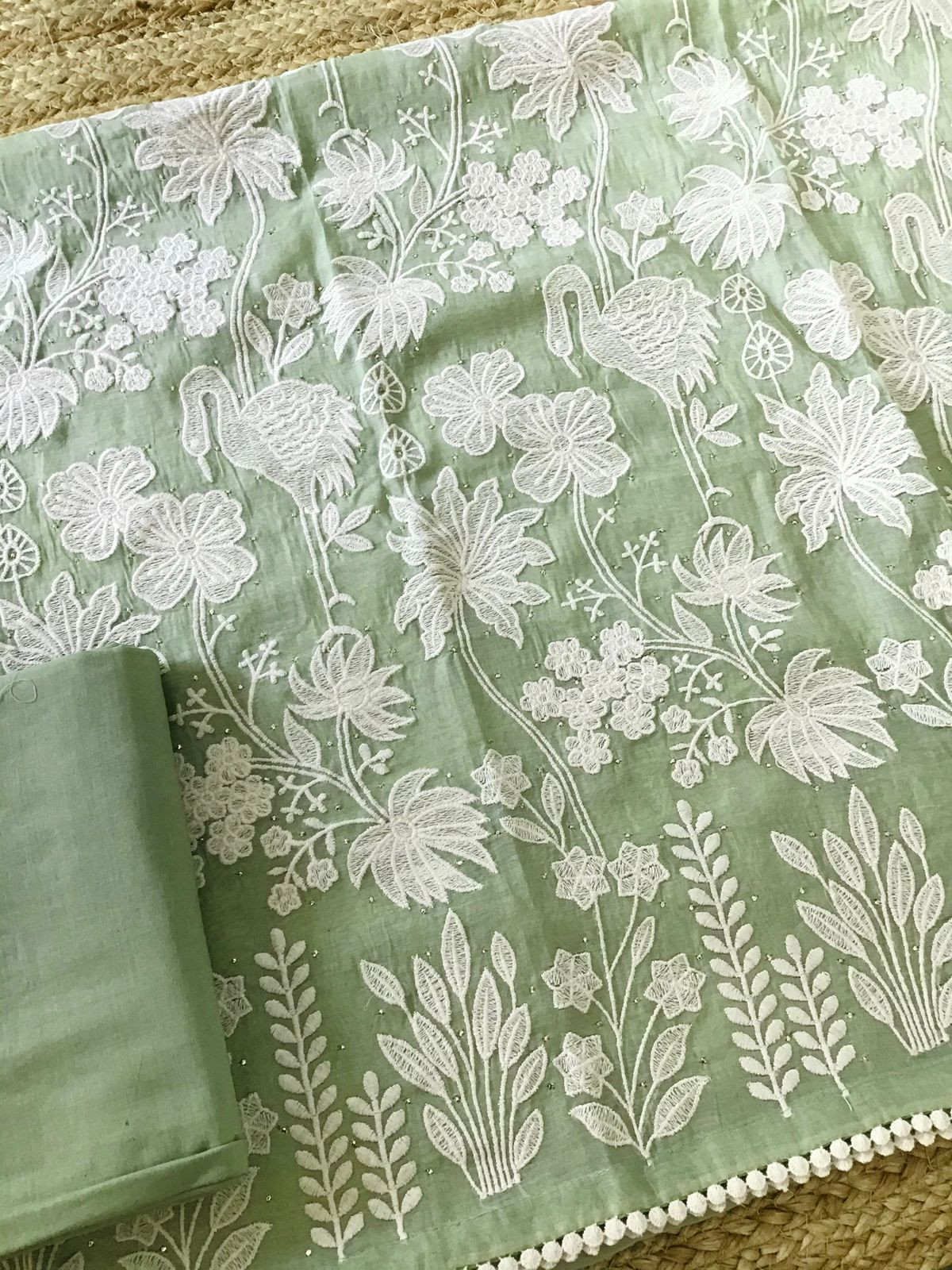 Pure Mul Chanderi Embroidered Suit - Green