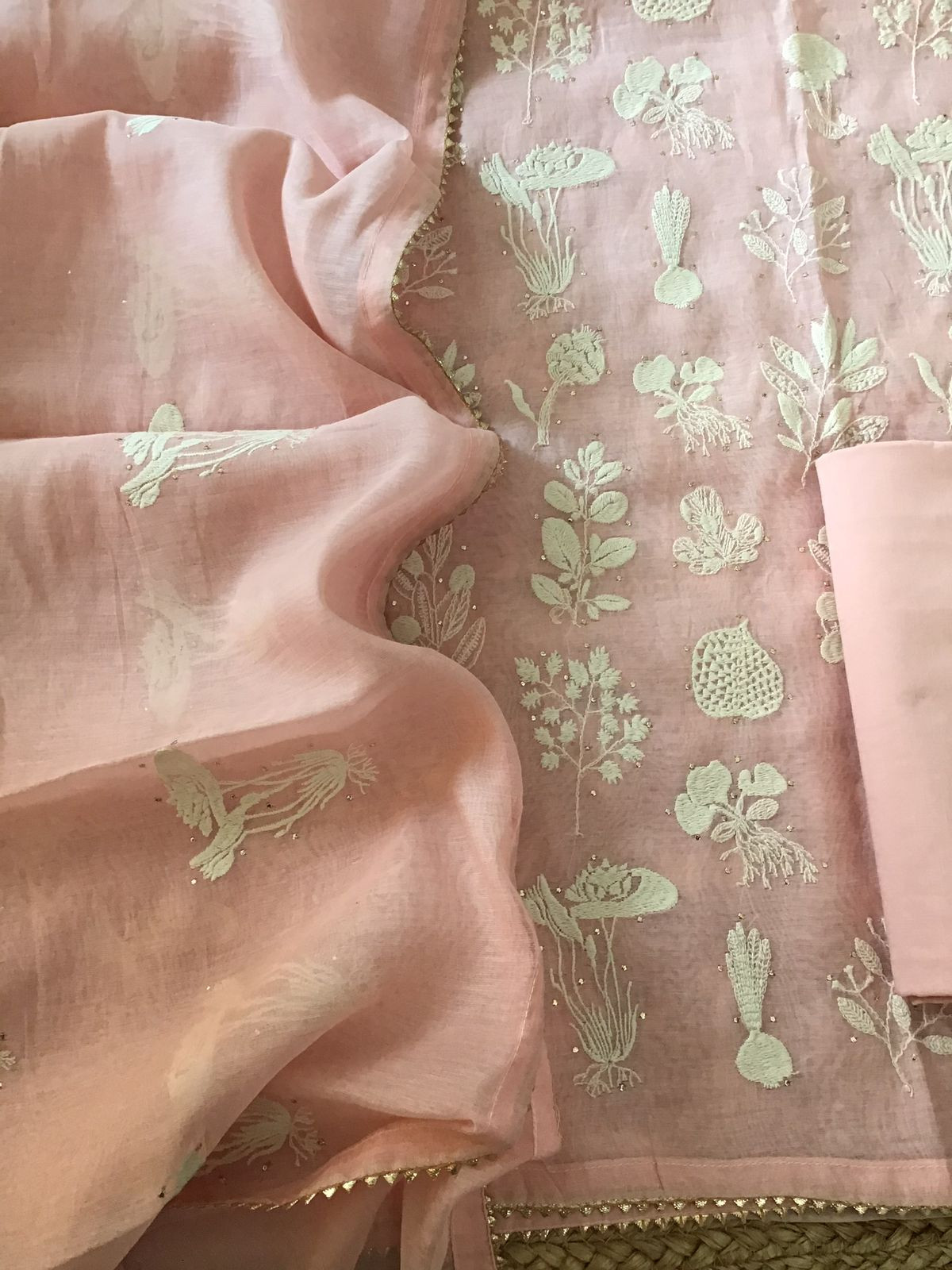 Pure Mul Chanderi Embroidered Suit - Baby Pink