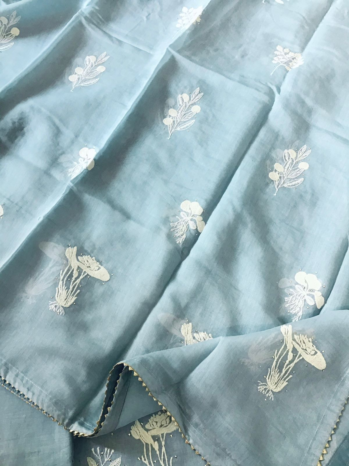 Pure Mul Chanderi Embroidered Suit - Blue