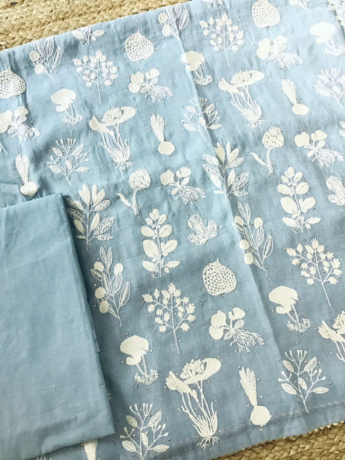 Pure Mul Chanderi Embroidered Suit - Blue