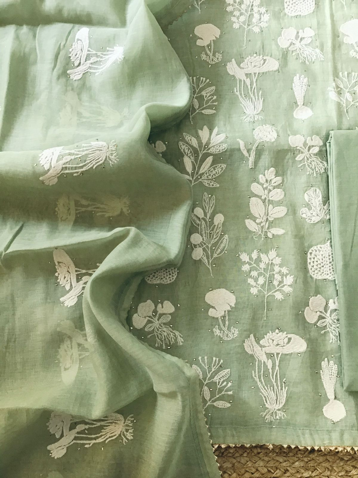 Pure Mul Chanderi Embroidered Suit - Green