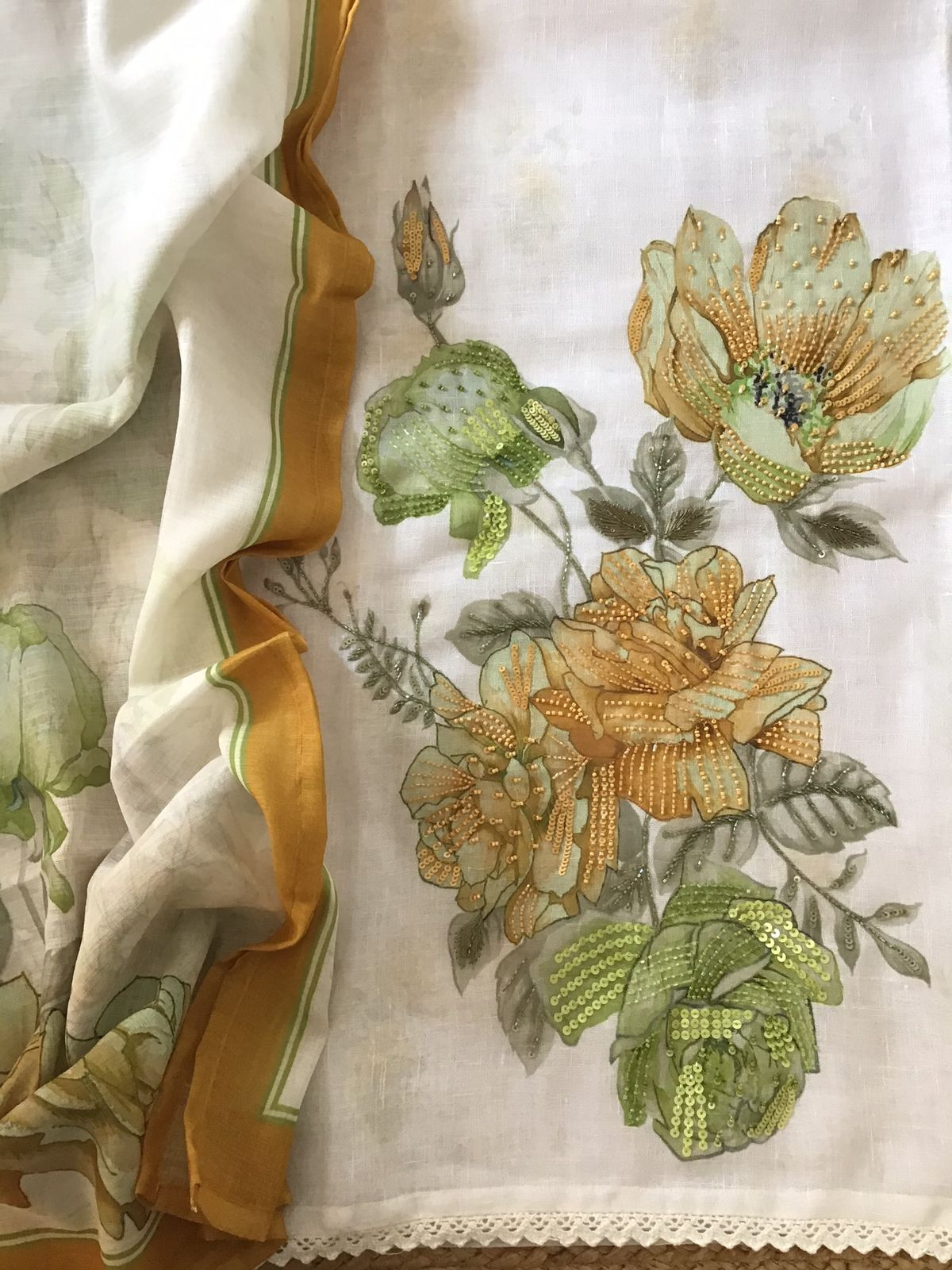 Soft Linen Jute Cotton Printed Embroidered Suit - White