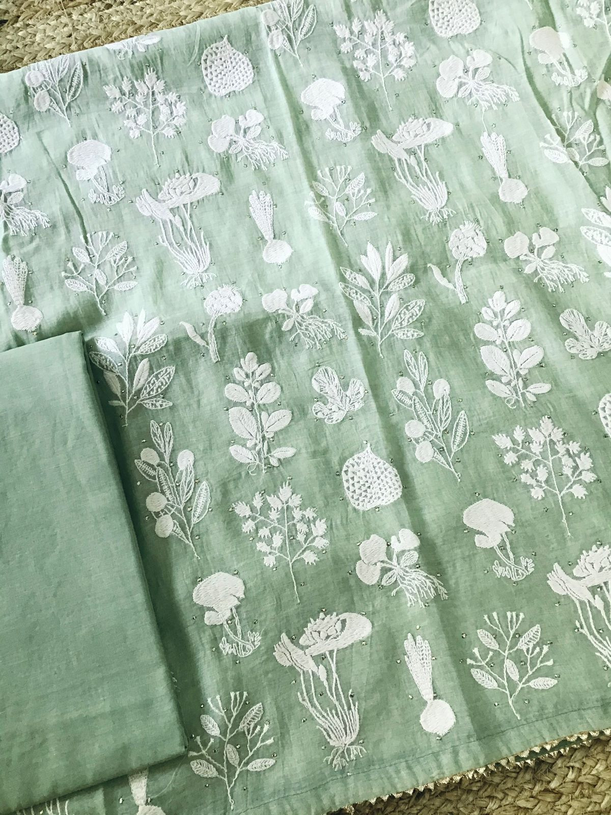 Pure Mul Chanderi Embroidered Suit - Green