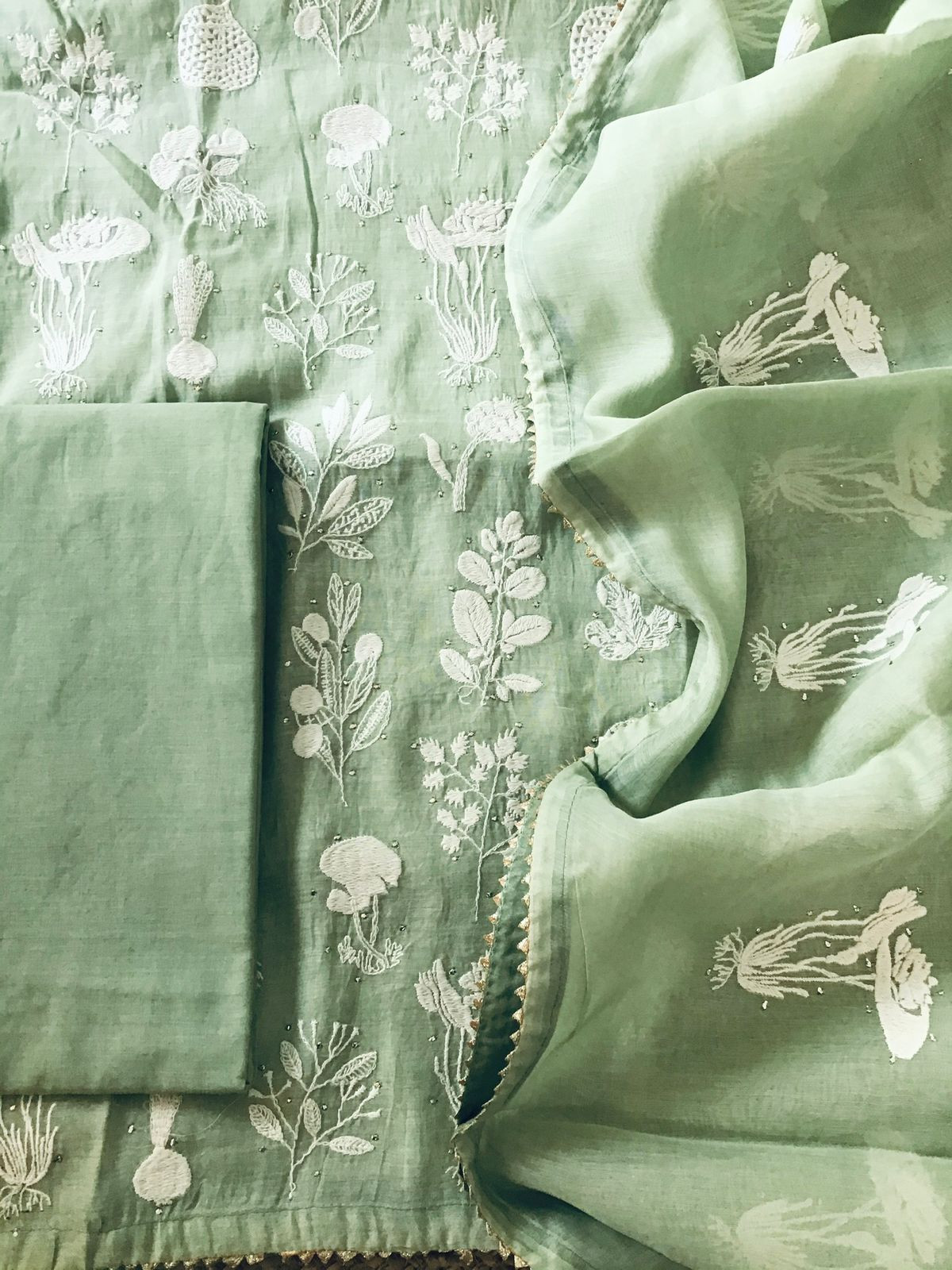 Pure Mul Chanderi Embroidered Suit - Green
