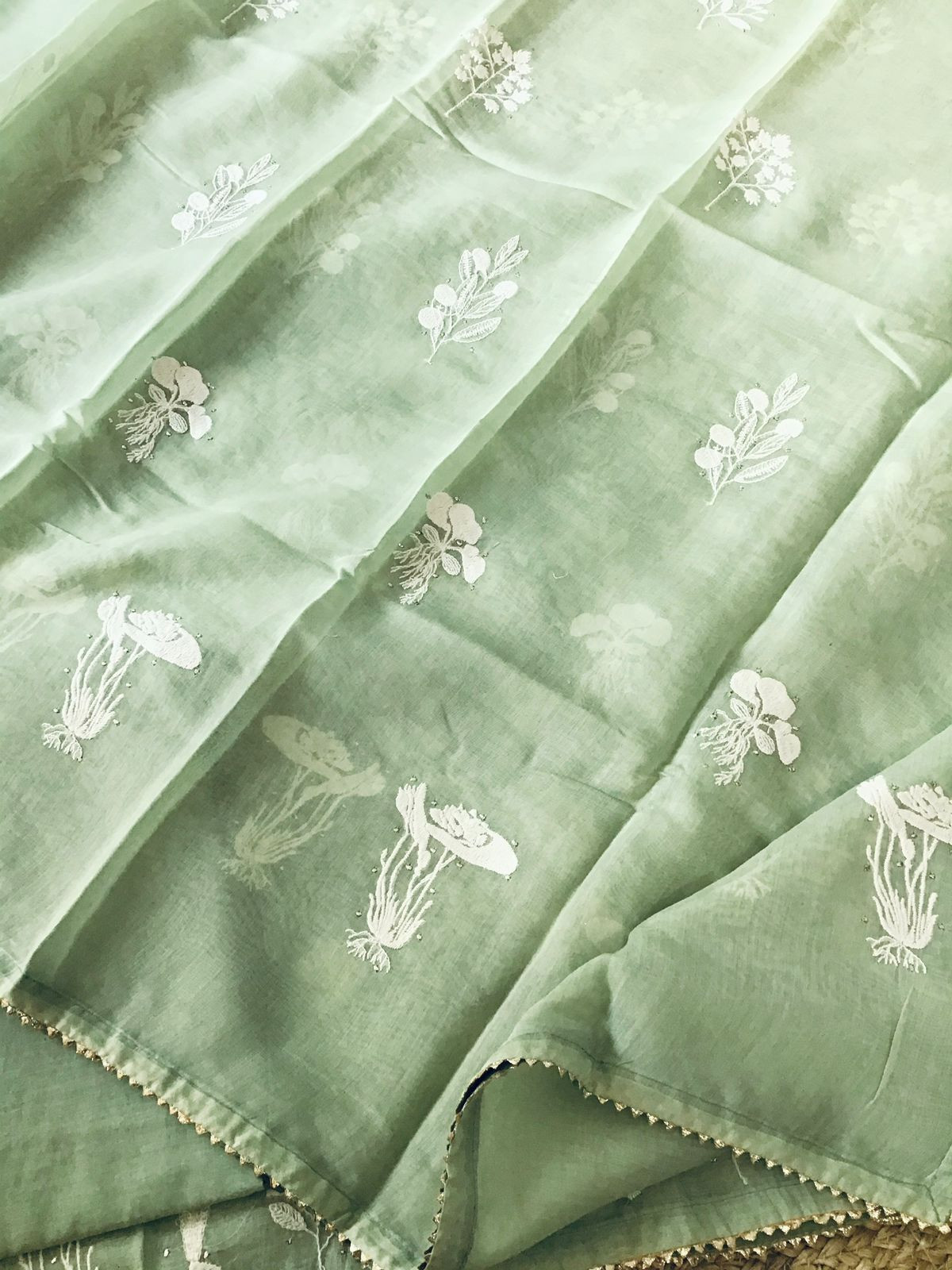 Pure Mul Chanderi Embroidered Suit - Green