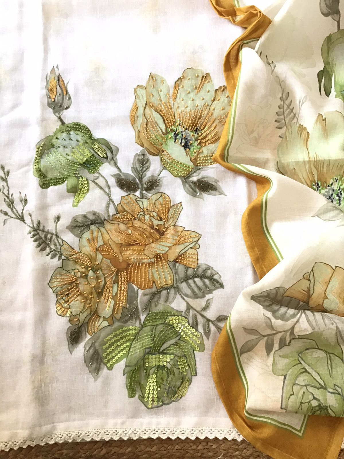 Soft Linen Jute Cotton Printed Embroidered Suit - White