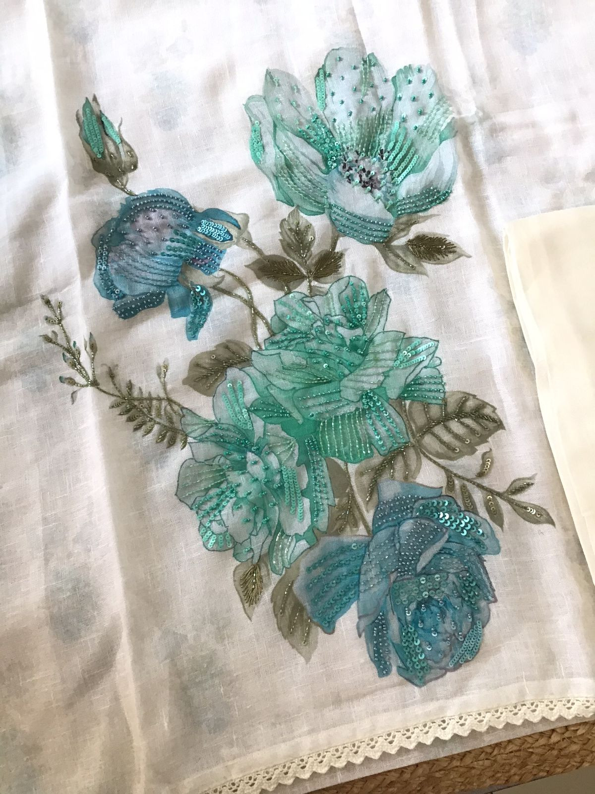 Soft Linen Jute Cotton Printed Embroidered Suit - White