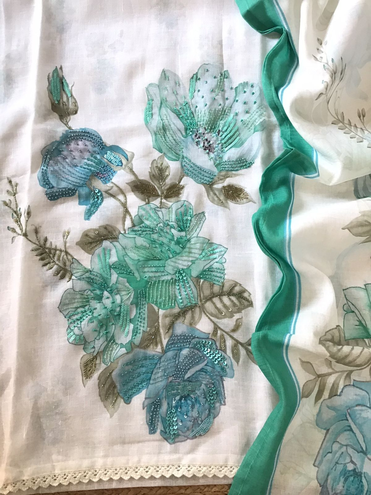 Soft Linen Jute Cotton Printed Embroidered Suit - White