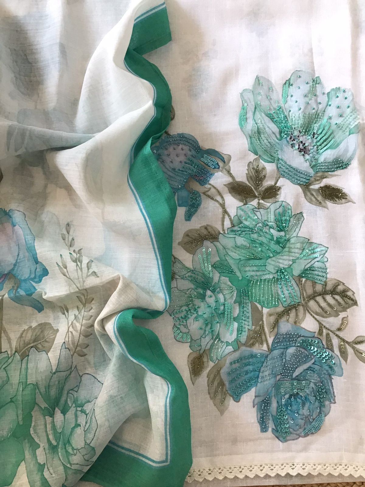 Soft Linen Jute Cotton Printed Embroidered Suit - White