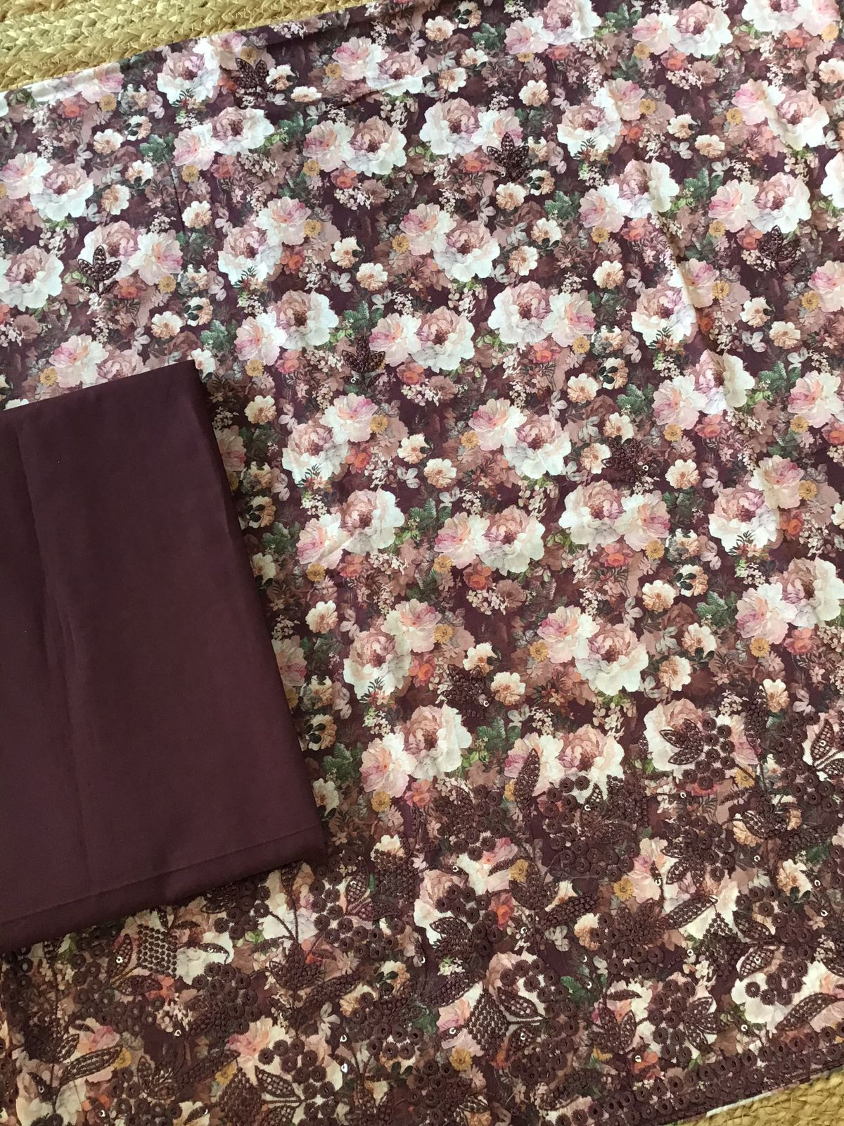 Pure Cotton Printed Embroidered Suit - Wine