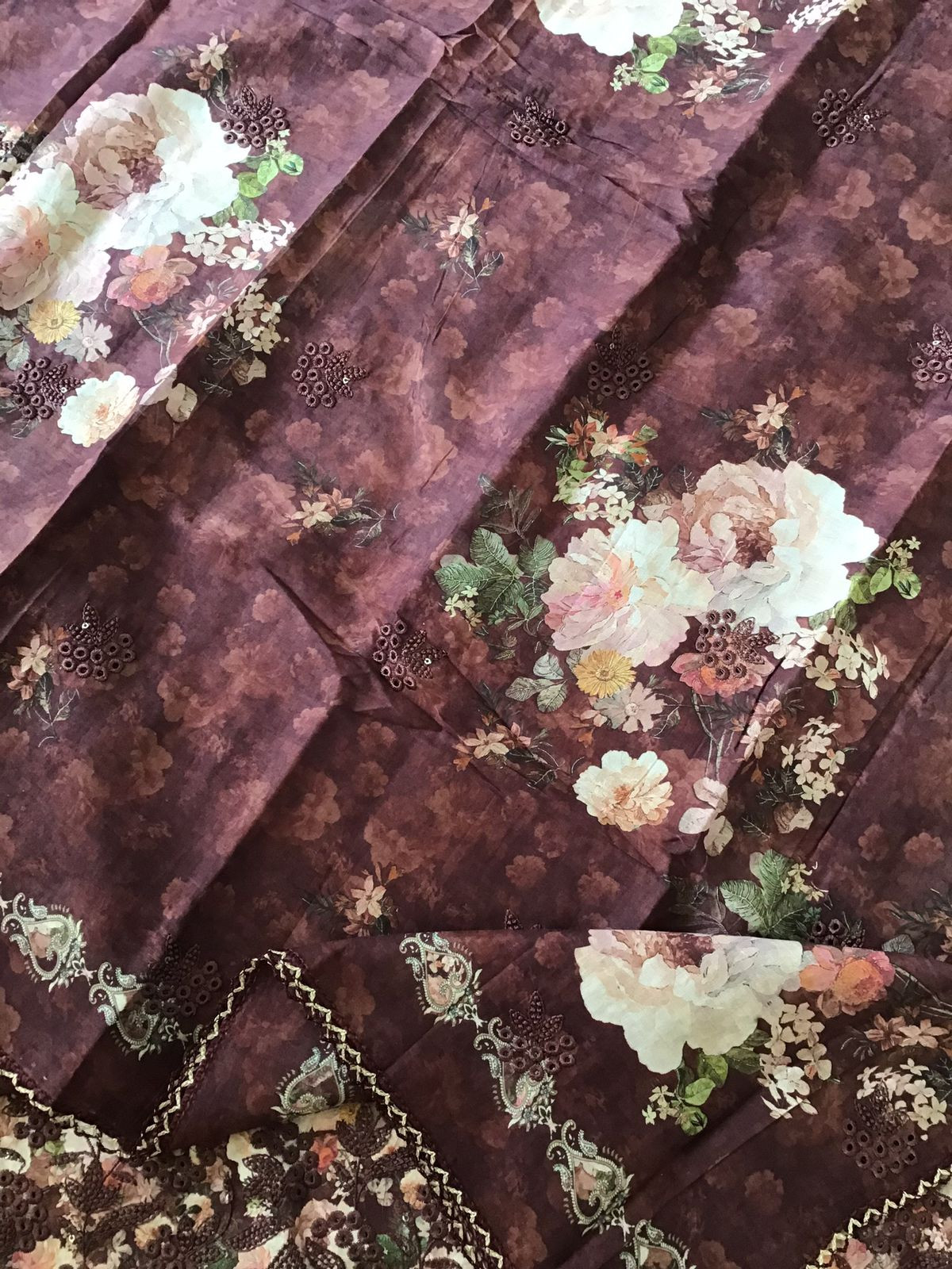 Pure Cotton Printed Embroidered Suit - Wine