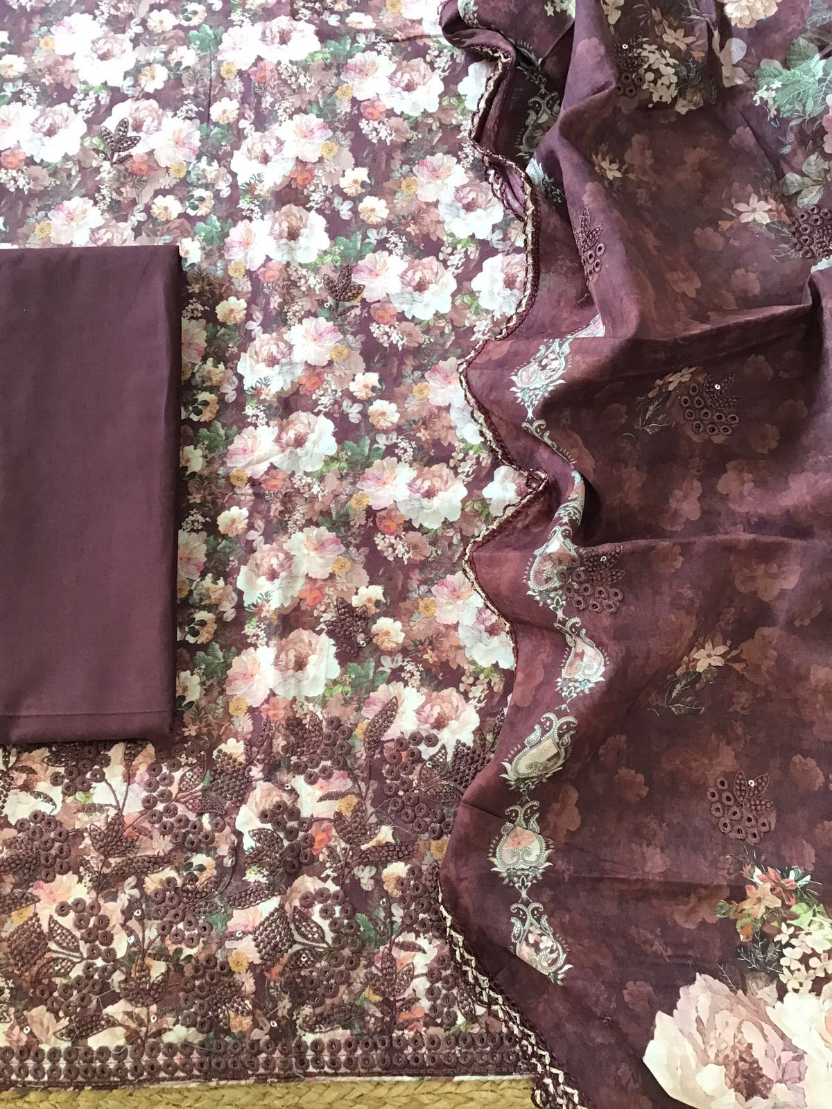 Pure Cotton Printed Embroidered Suit - Wine
