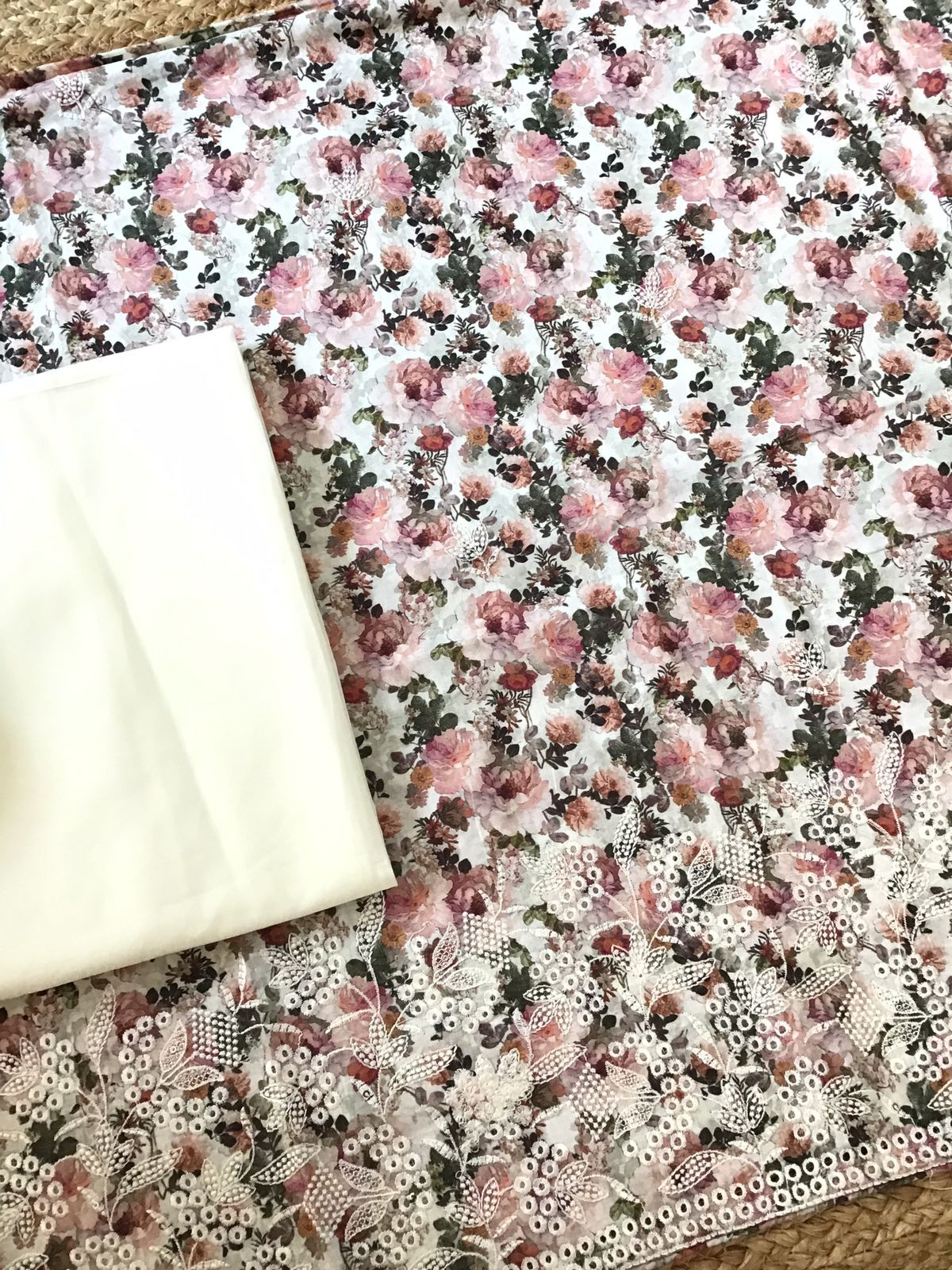 Pure Cotton Printed Embroidered Suit - Off White