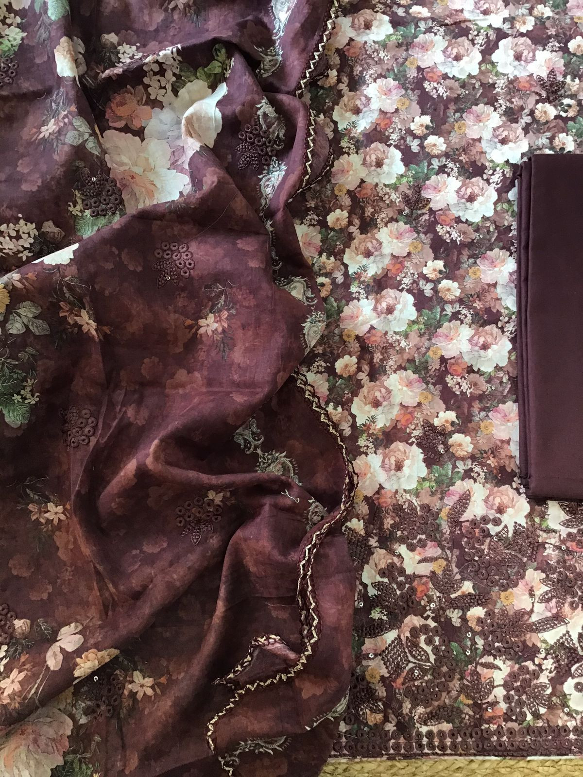 Pure Cotton Printed Embroidered Suit - Wine