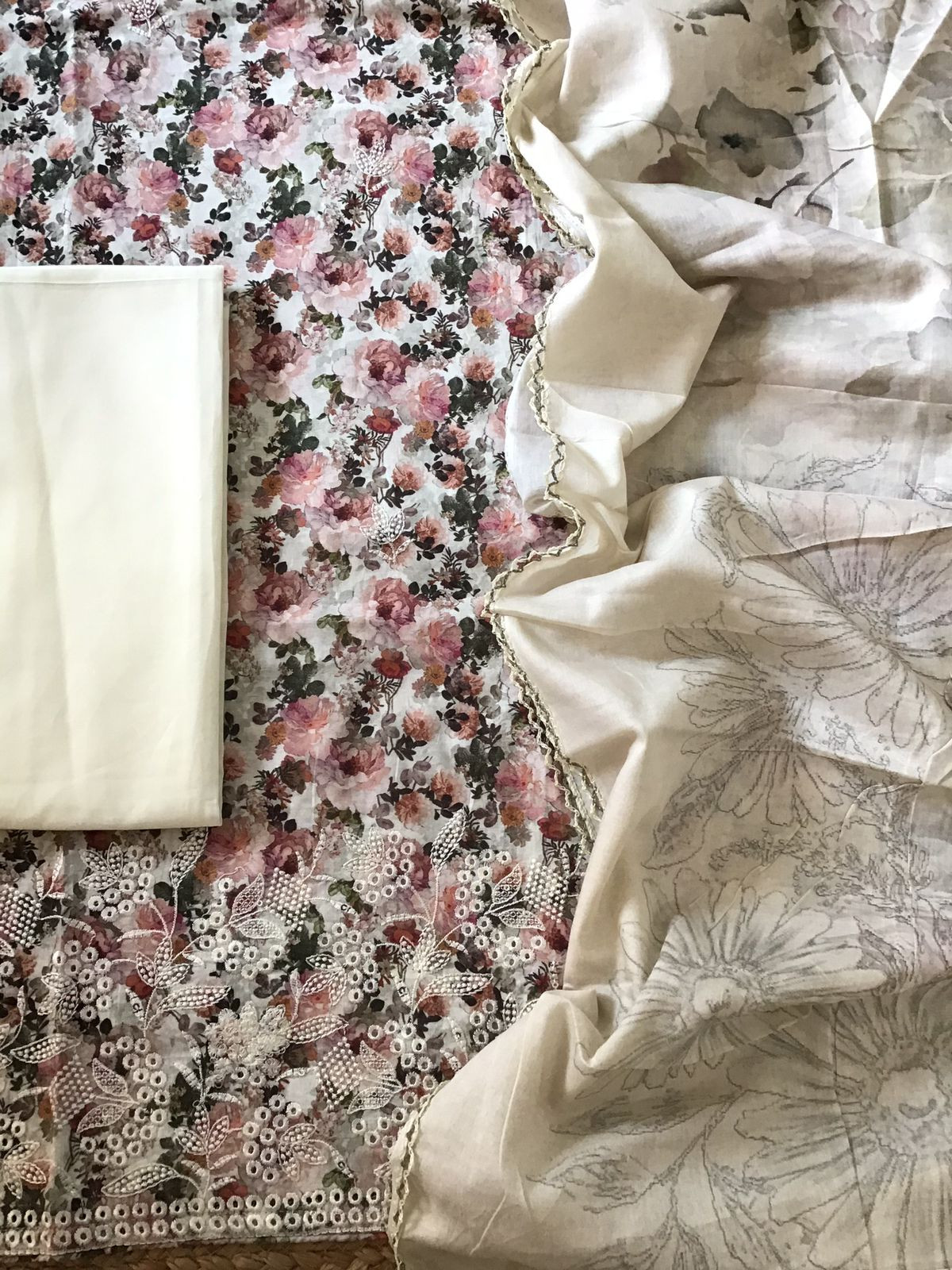 Pure Cotton Printed Embroidered Suit - Off White