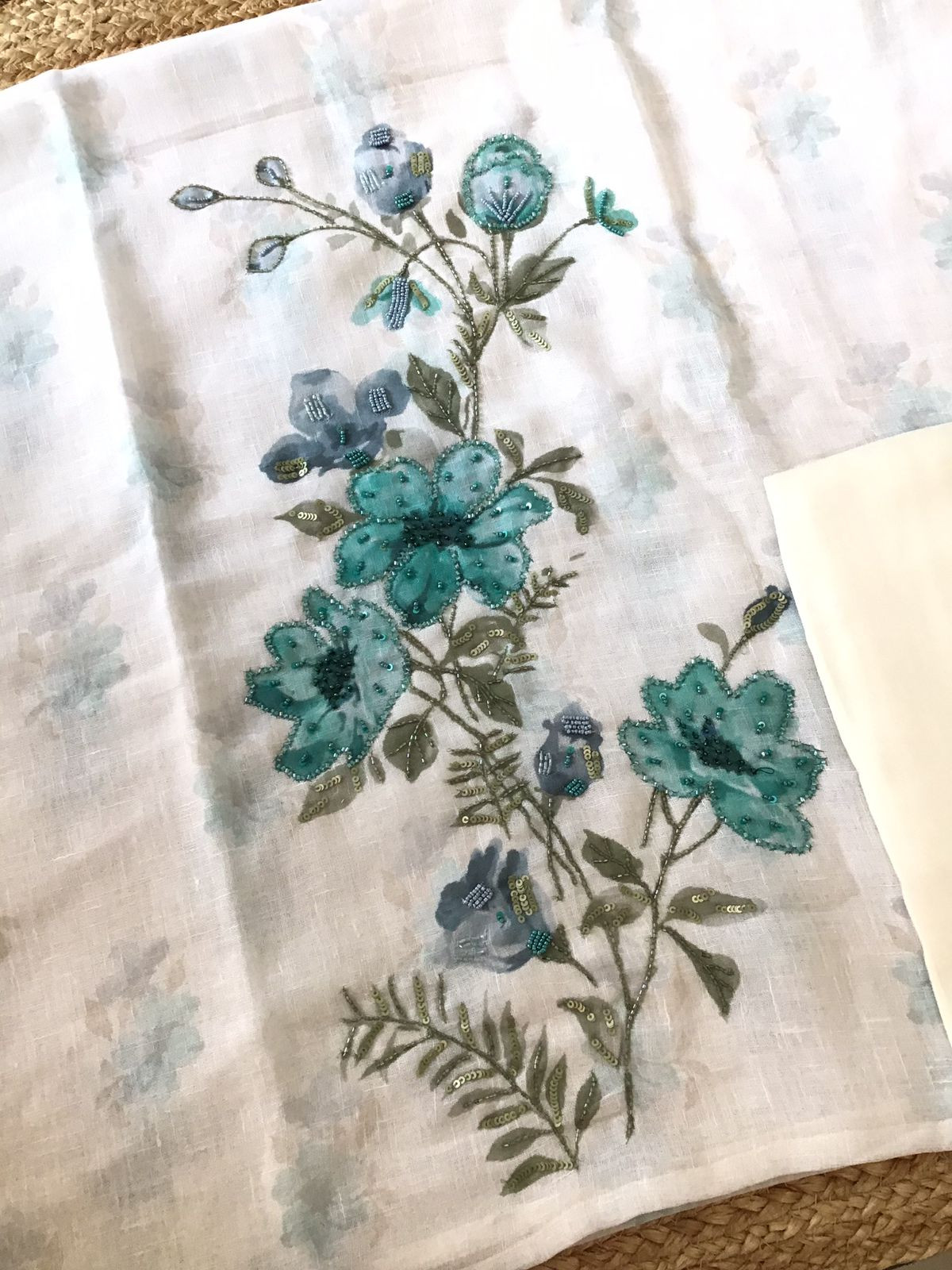 Soft Linen Jute Cotton Printed Embroidered Suit - White