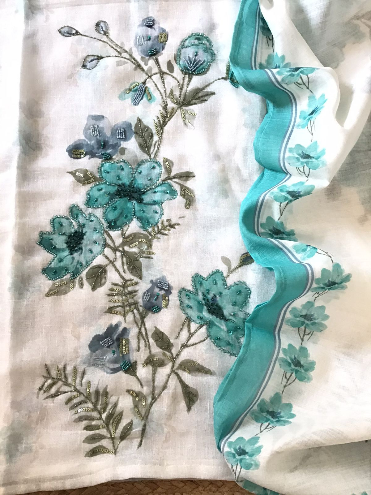 Soft Linen Jute Cotton Printed Embroidered Suit - White