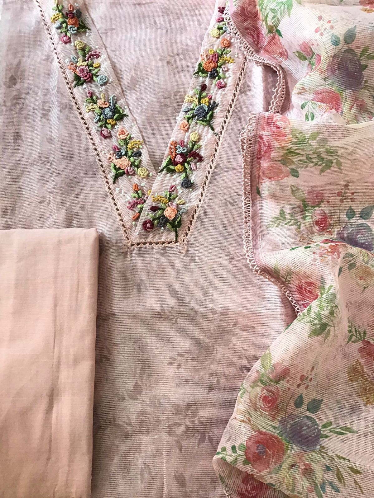 Soft Fine Supernet Printed Embroidered Suit - Peach