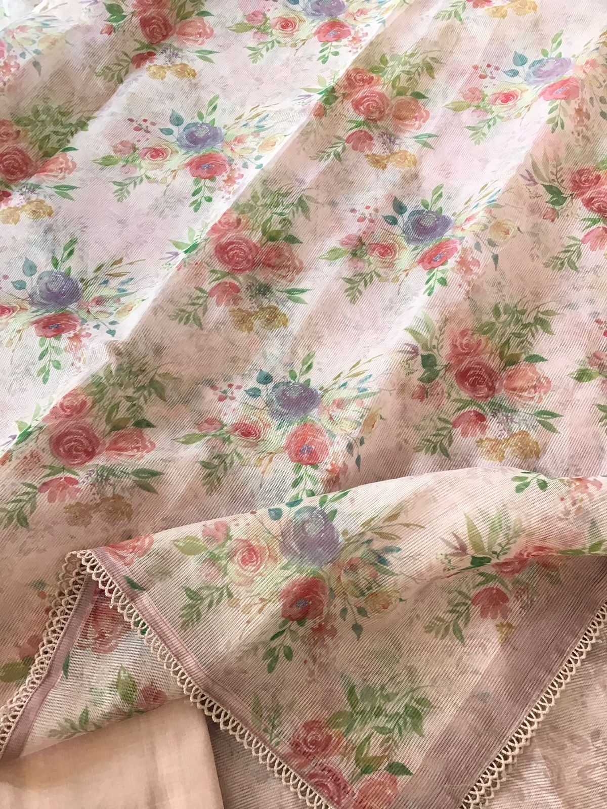 Soft Fine Supernet Printed Embroidered Suit - Peach