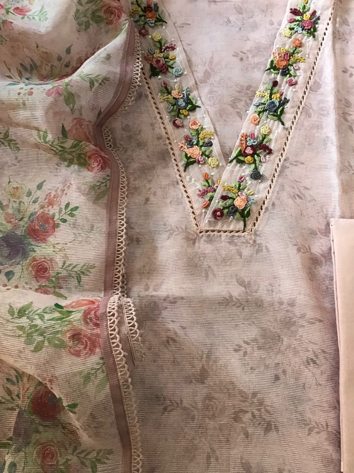 Soft Fine Supernet Printed Embroidered Suit - Peach