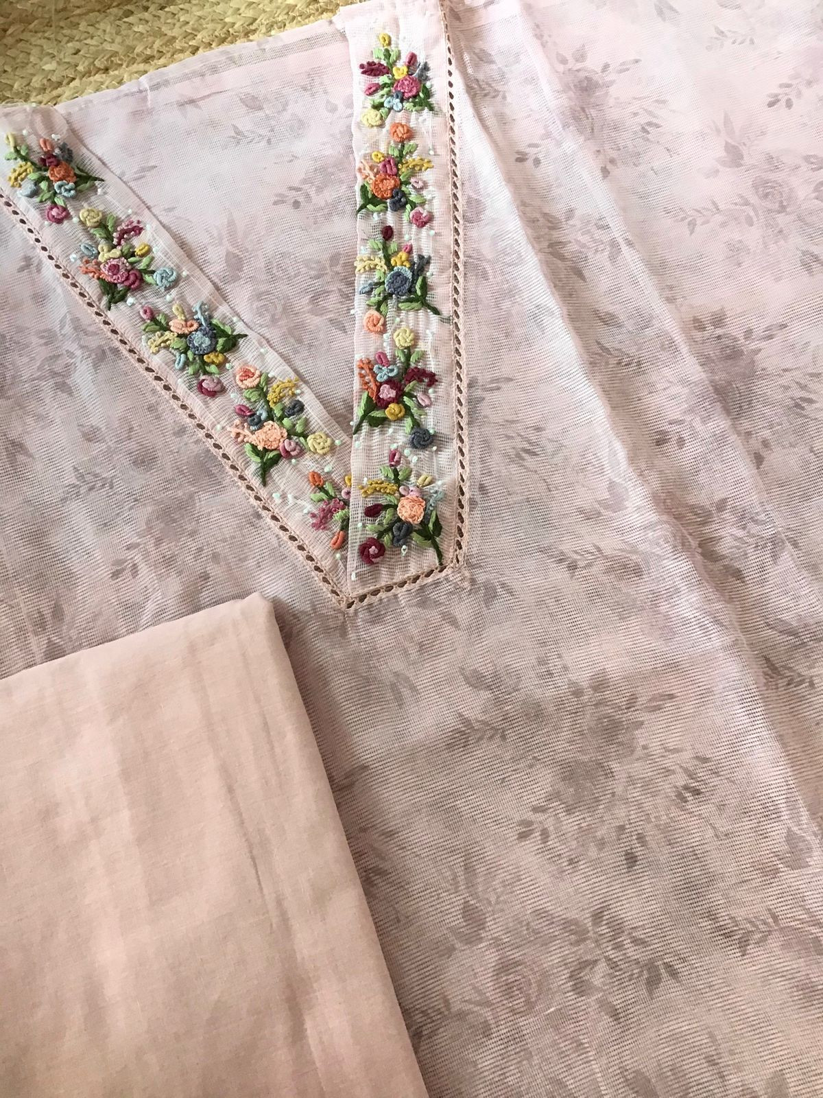 Soft Fine Supernet Printed Embroidered Suit - Peach