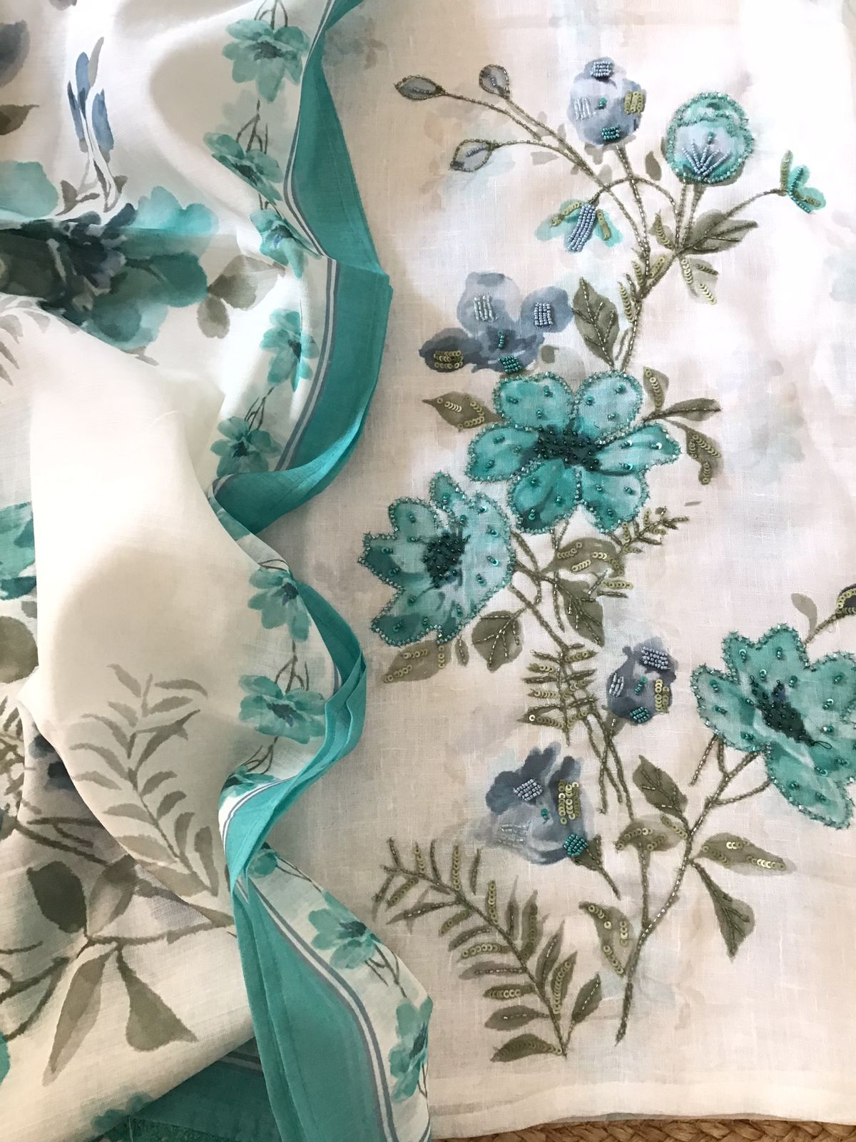 Soft Linen Jute Cotton Printed Embroidered Suit - White