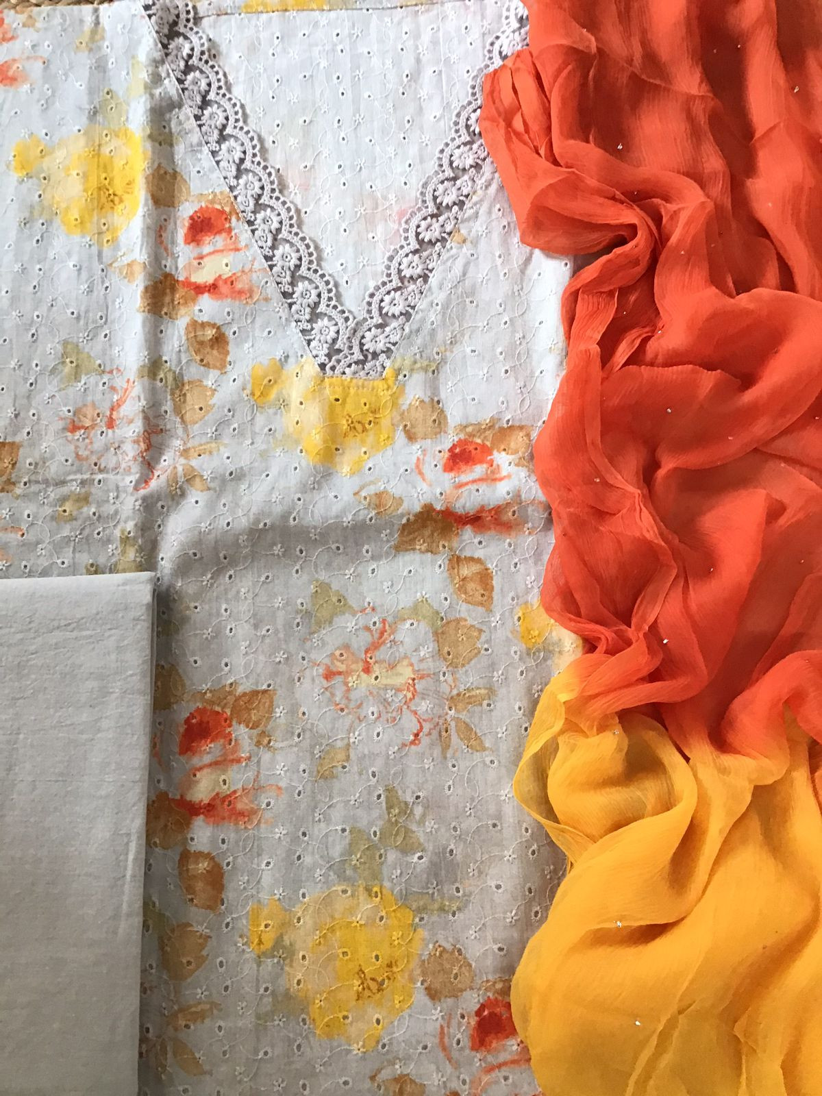 Pure Cotton Printed Embroidered Suit - Grey