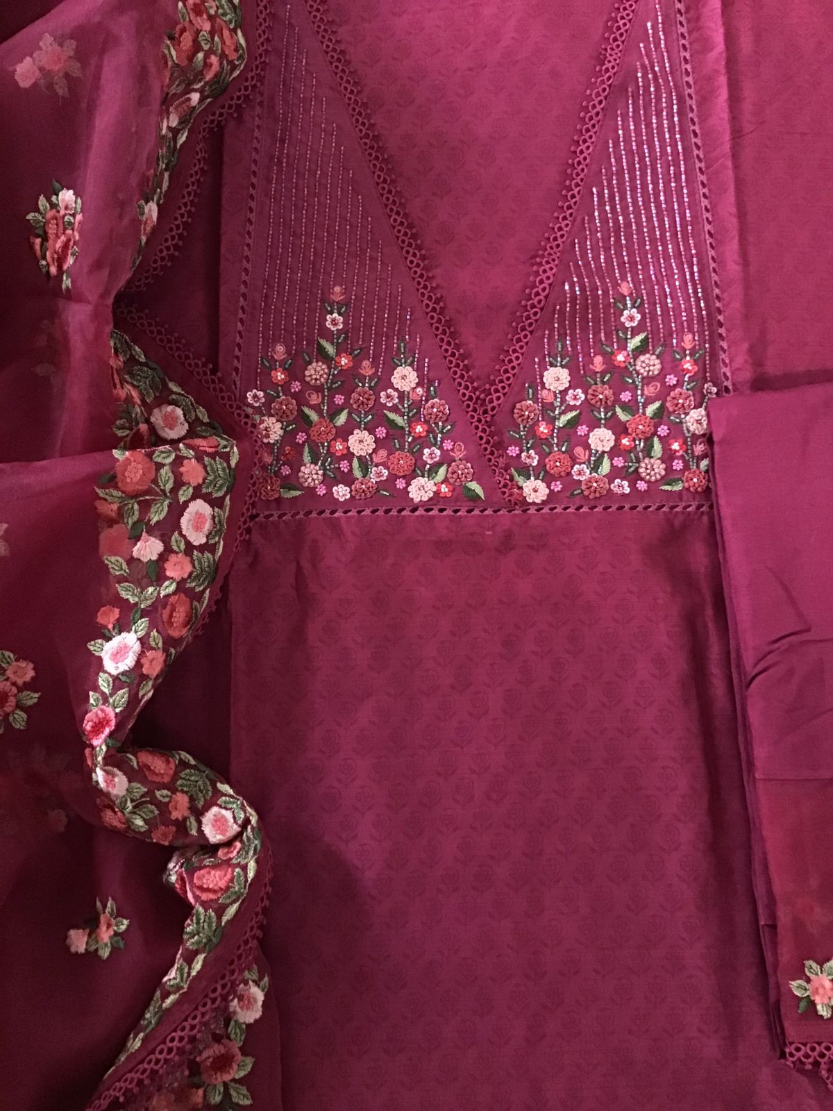 Pure Chanderi Printed Embroidered Suit - Dark Pink