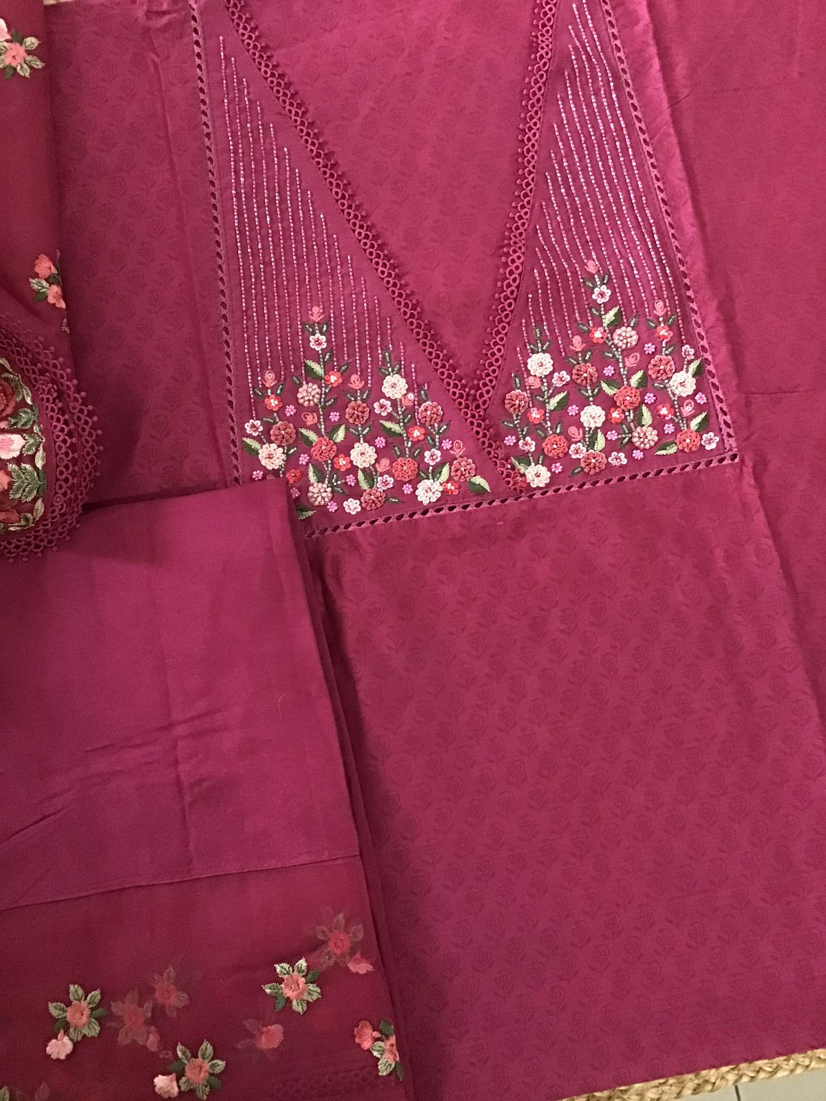 Pure Chanderi Printed Embroidered Suit - Dark Pink