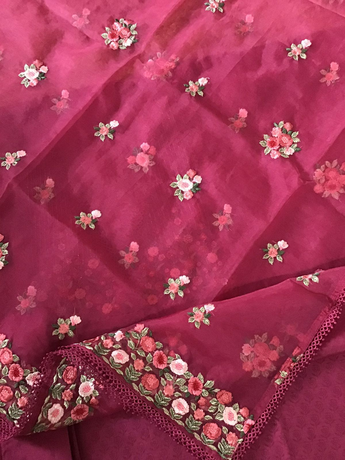 Pure Chanderi Printed Embroidered Suit - Dark Pink