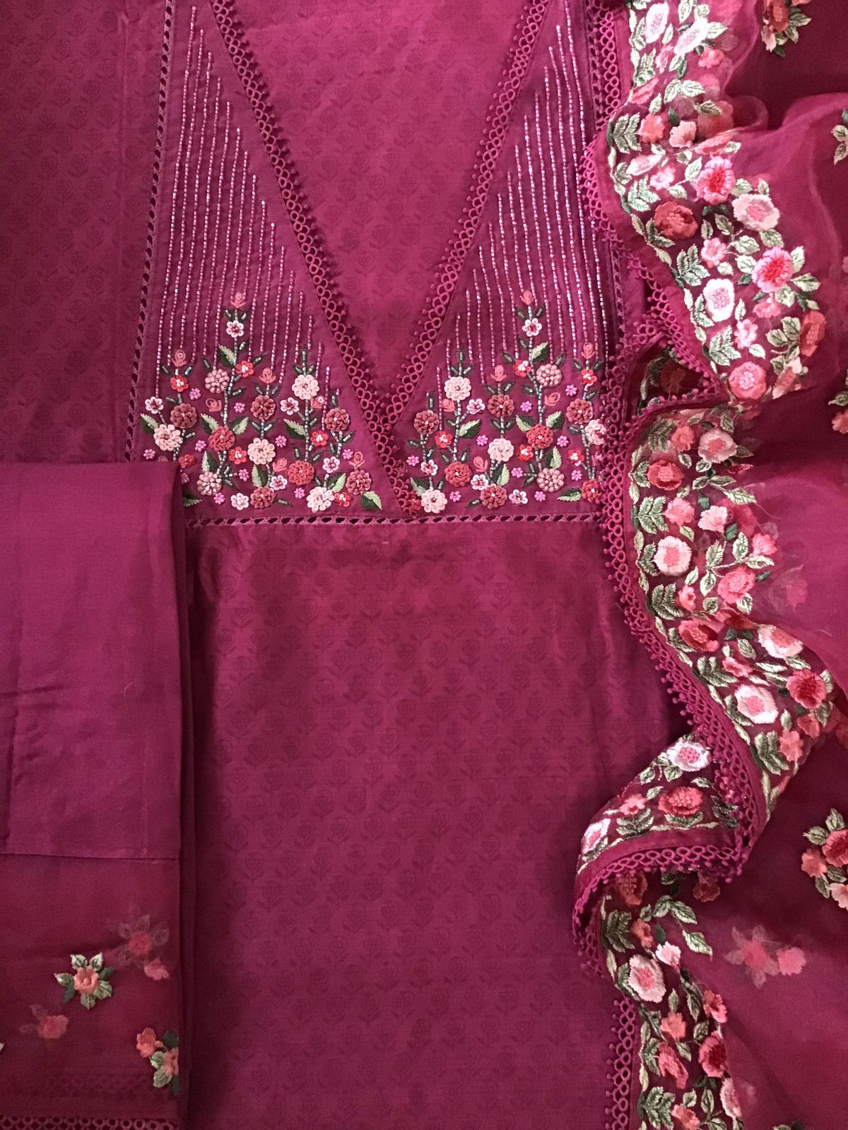 Pure Chanderi Printed Embroidered Suit - Dark Pink