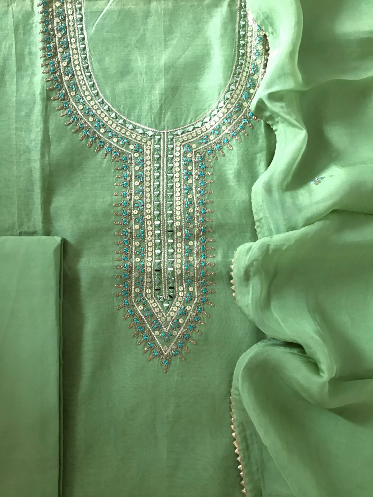 Soft Chanderi Embroidered Suit - Green