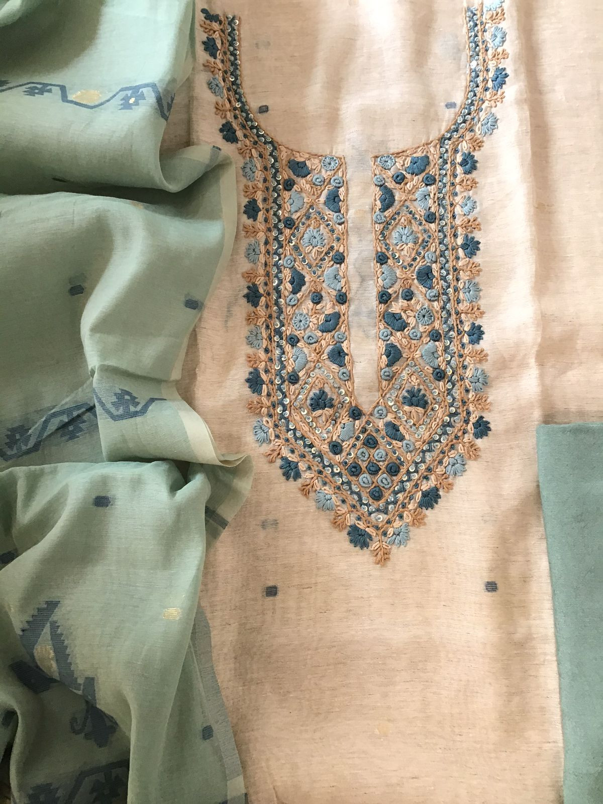 Soft Slub Chanderi Jamdani Weaved Embroidered Suit - Beige