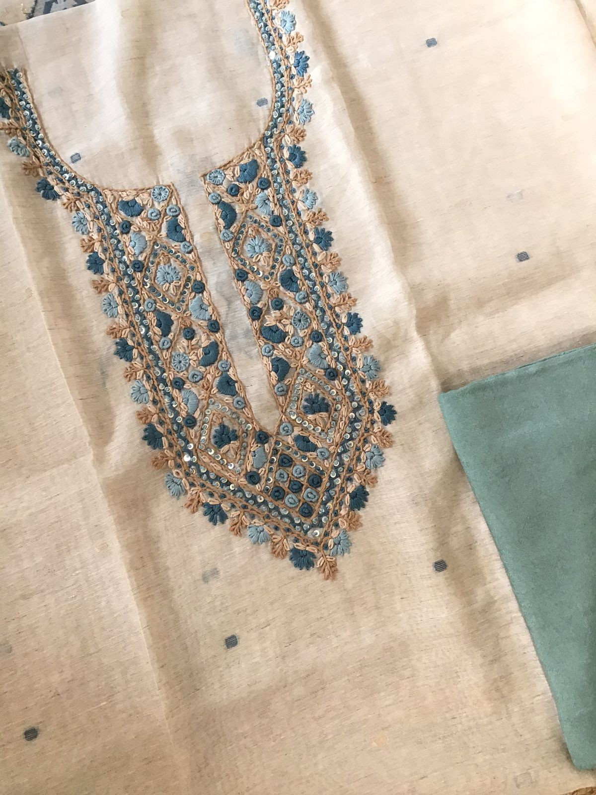 Soft Slub Chanderi Jamdani Weaved Embroidered Suit - Beige