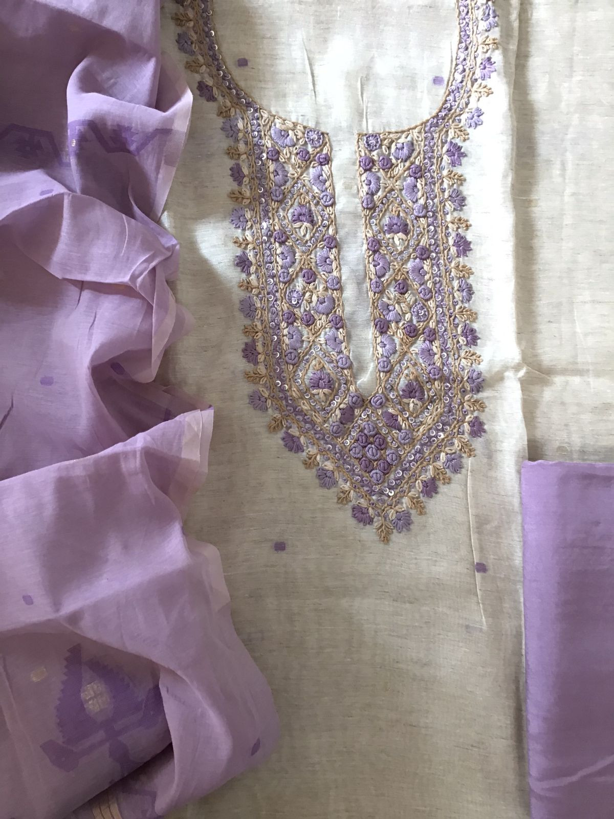 Soft Slub Chanderi Jamdani Weaved Embroidered Suit - Beige