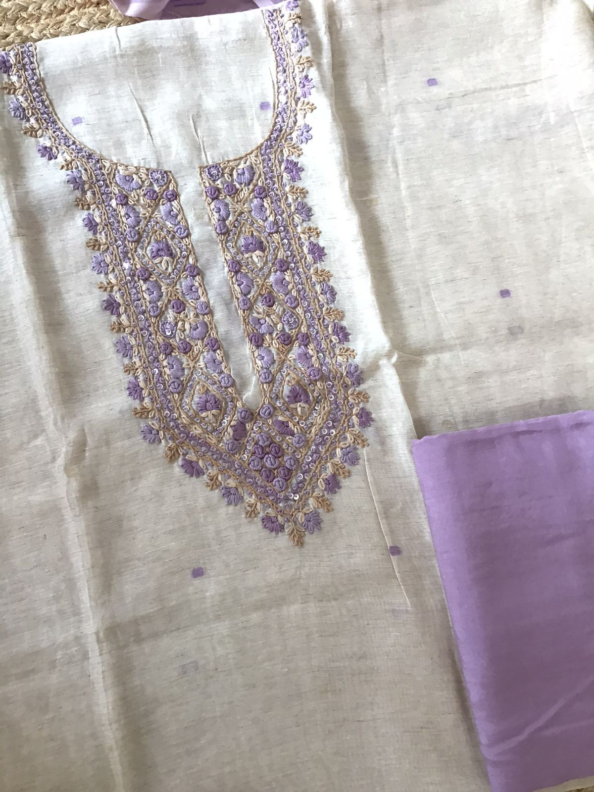 Soft Slub Chanderi Jamdani Weaved Embroidered Suit - Beige