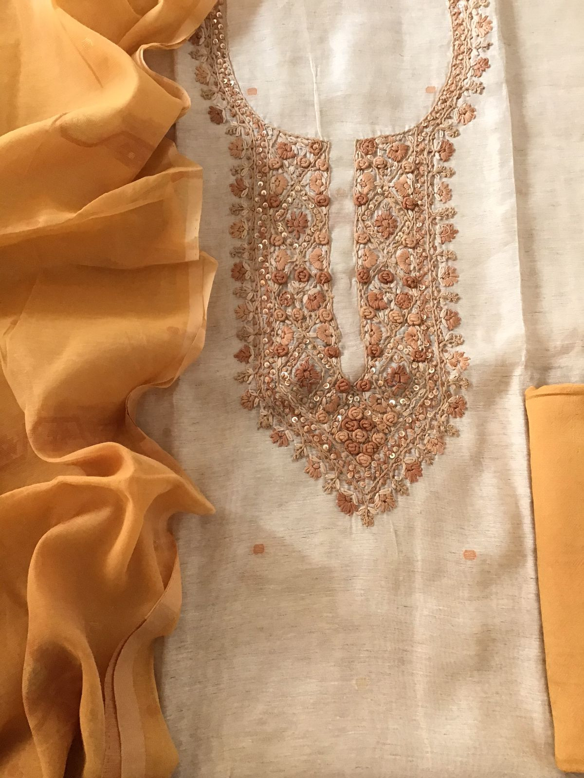 Soft Slub Chanderi Jamdani Weaved Embroidered Suit - Beige