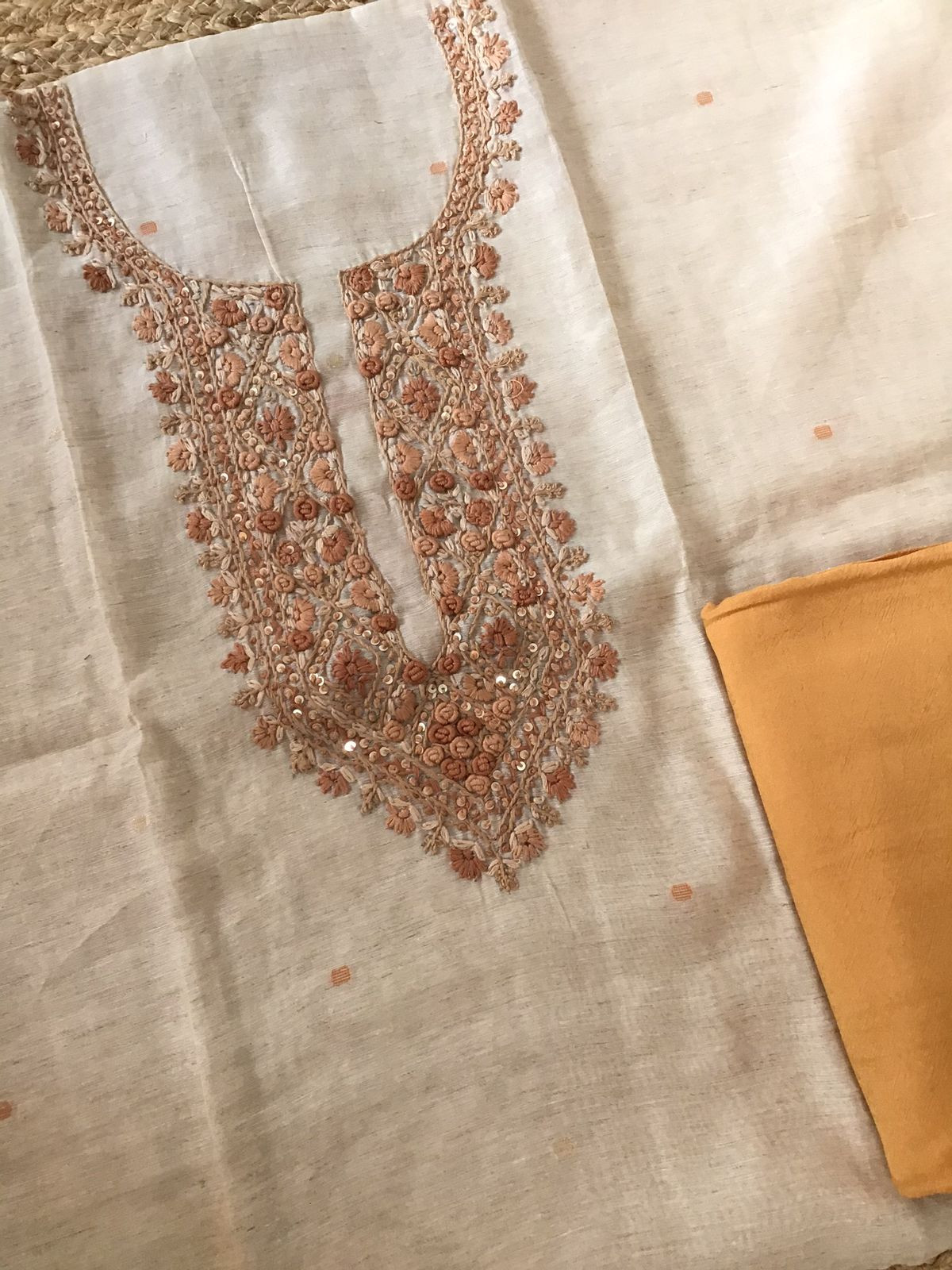 Soft Slub Chanderi Jamdani Weaved Embroidered Suit - Beige