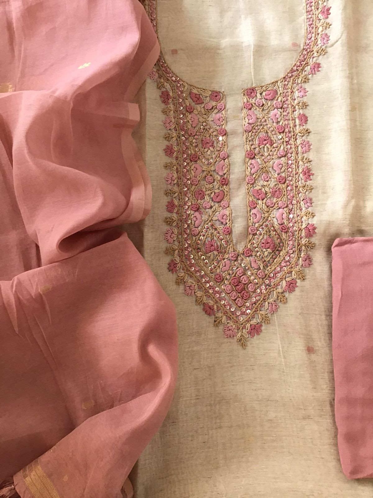 Soft Slub Chanderi Jamdani Weaved Embroidered Suit - Beige