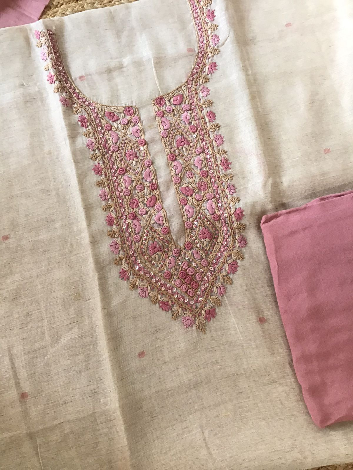 Soft Slub Chanderi Jamdani Weaved Embroidered Suit - Beige