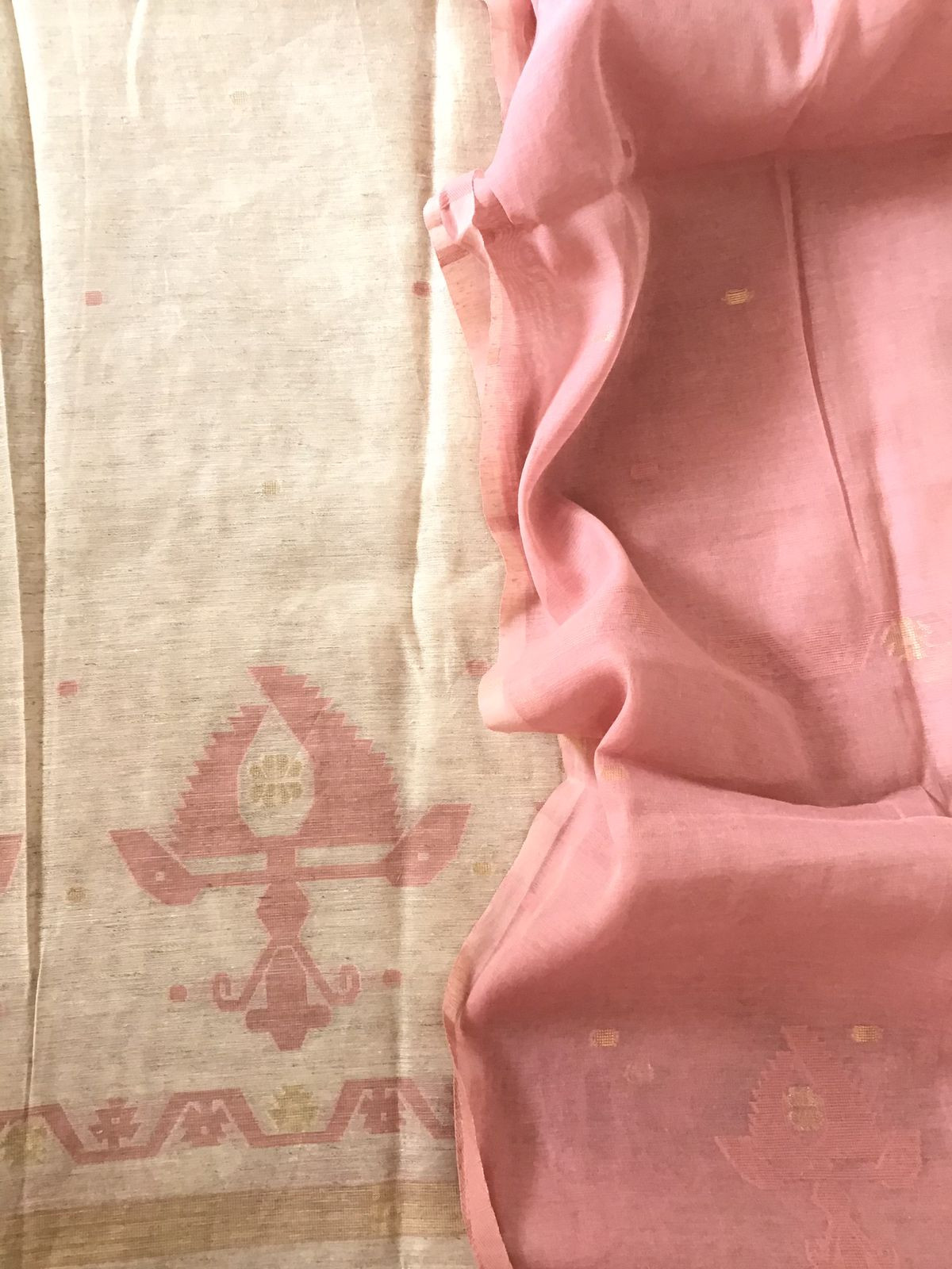 Soft Slub Chanderi Jamdani Weaved Embroidered Suit - Beige